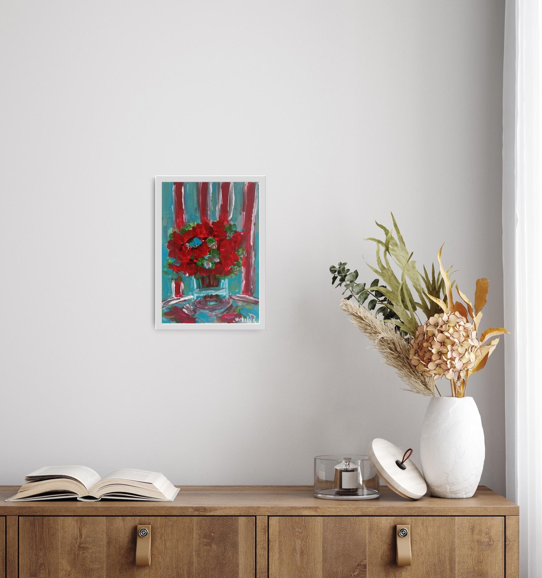 Pintura al óleo sobre papel contemporánea impresionista floral florero de rosas rojas - Painting de Natalya Mougenot 