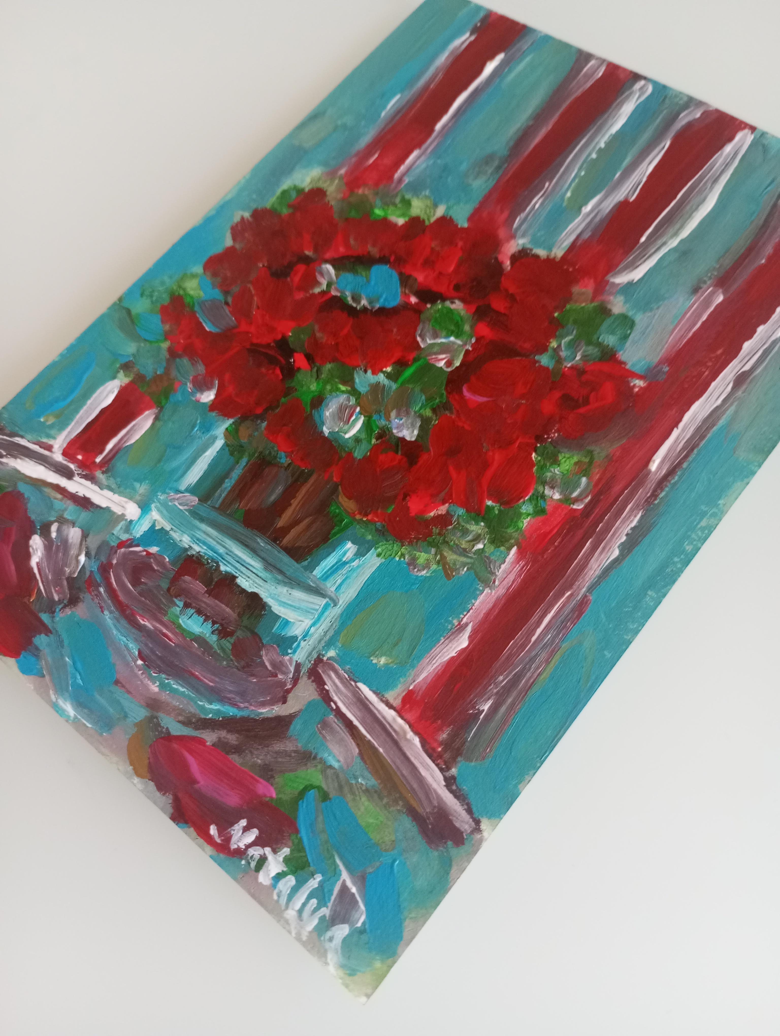 Pintura al óleo sobre papel contemporánea impresionista floral florero de rosas rojas en venta 15