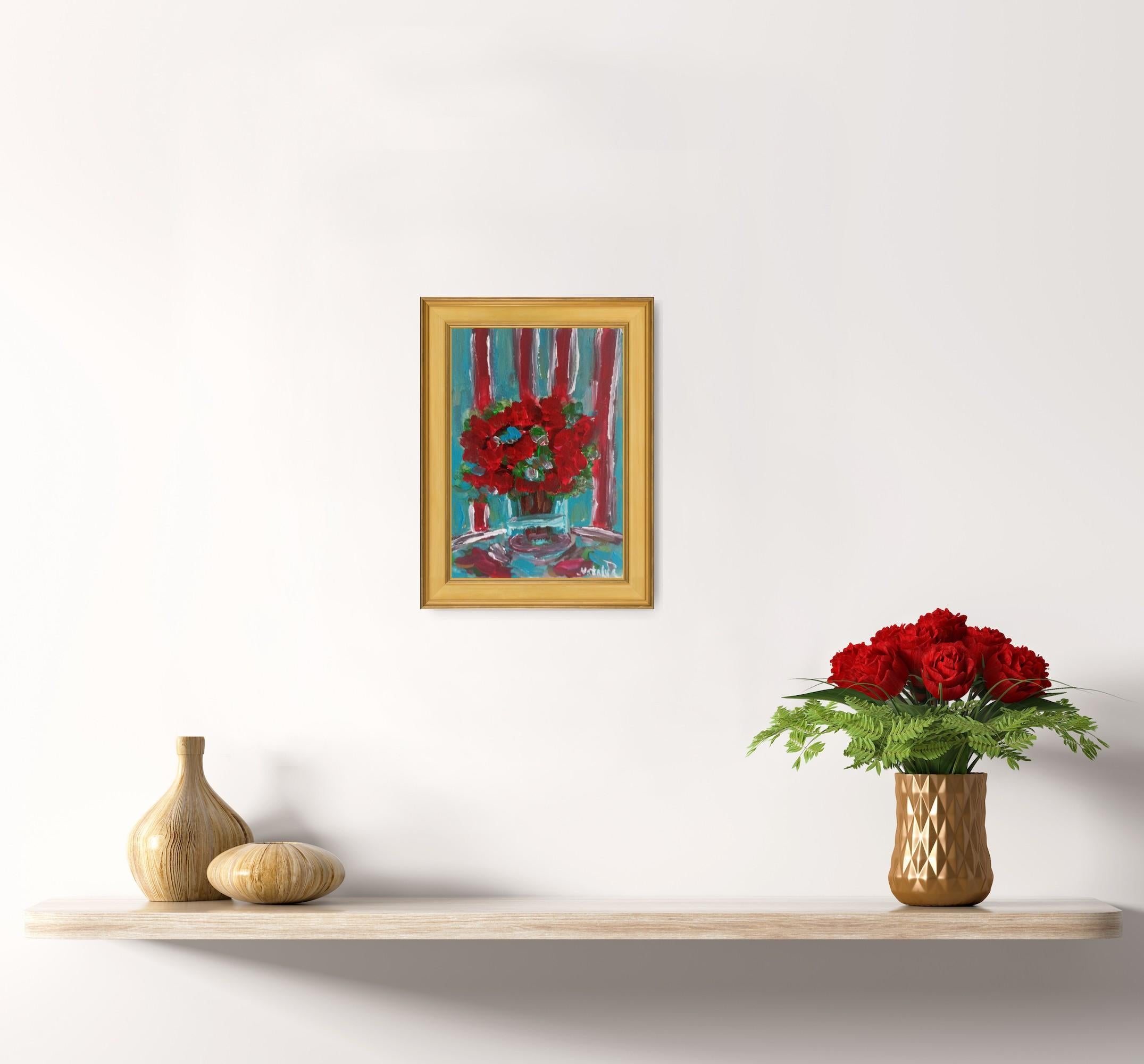 Pintura al óleo sobre papel contemporánea impresionista floral florero de rosas rojas - Abstract Painting Gris de Natalya Mougenot 