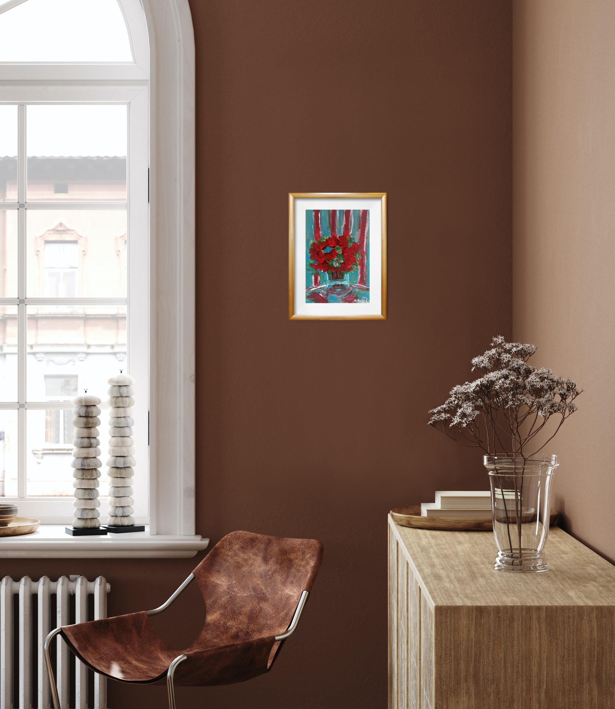 Pintura al óleo sobre papel contemporánea impresionista floral florero de rosas rojas en venta 1