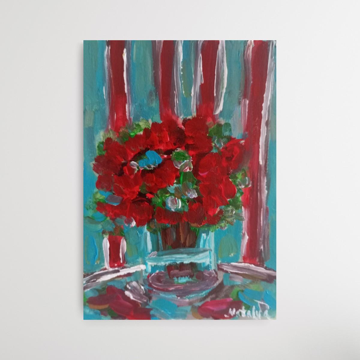 Pintura al óleo sobre papel contemporánea impresionista floral florero de rosas rojas en venta 2