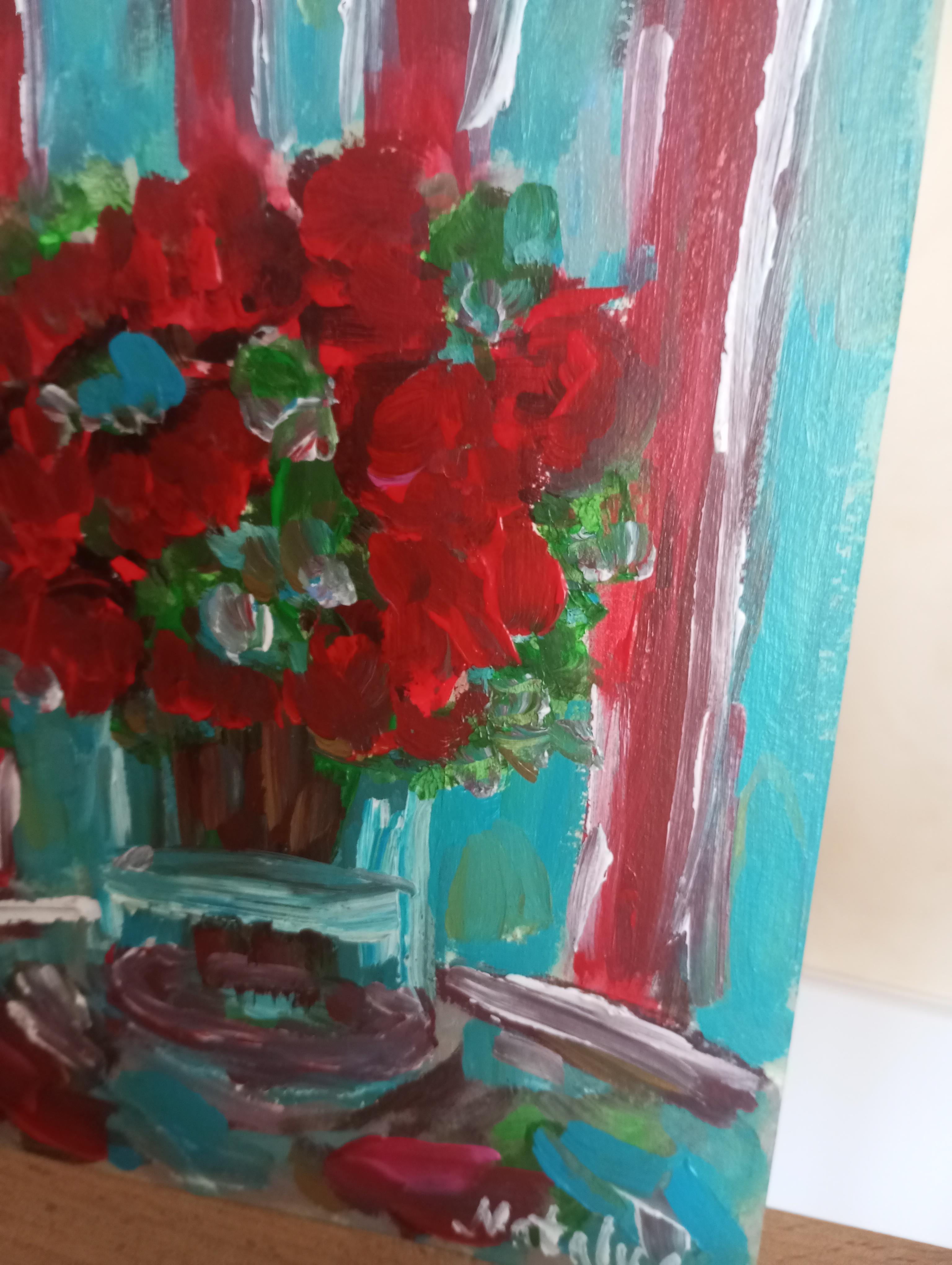 Pintura al óleo sobre papel contemporánea impresionista floral florero de rosas rojas en venta 3