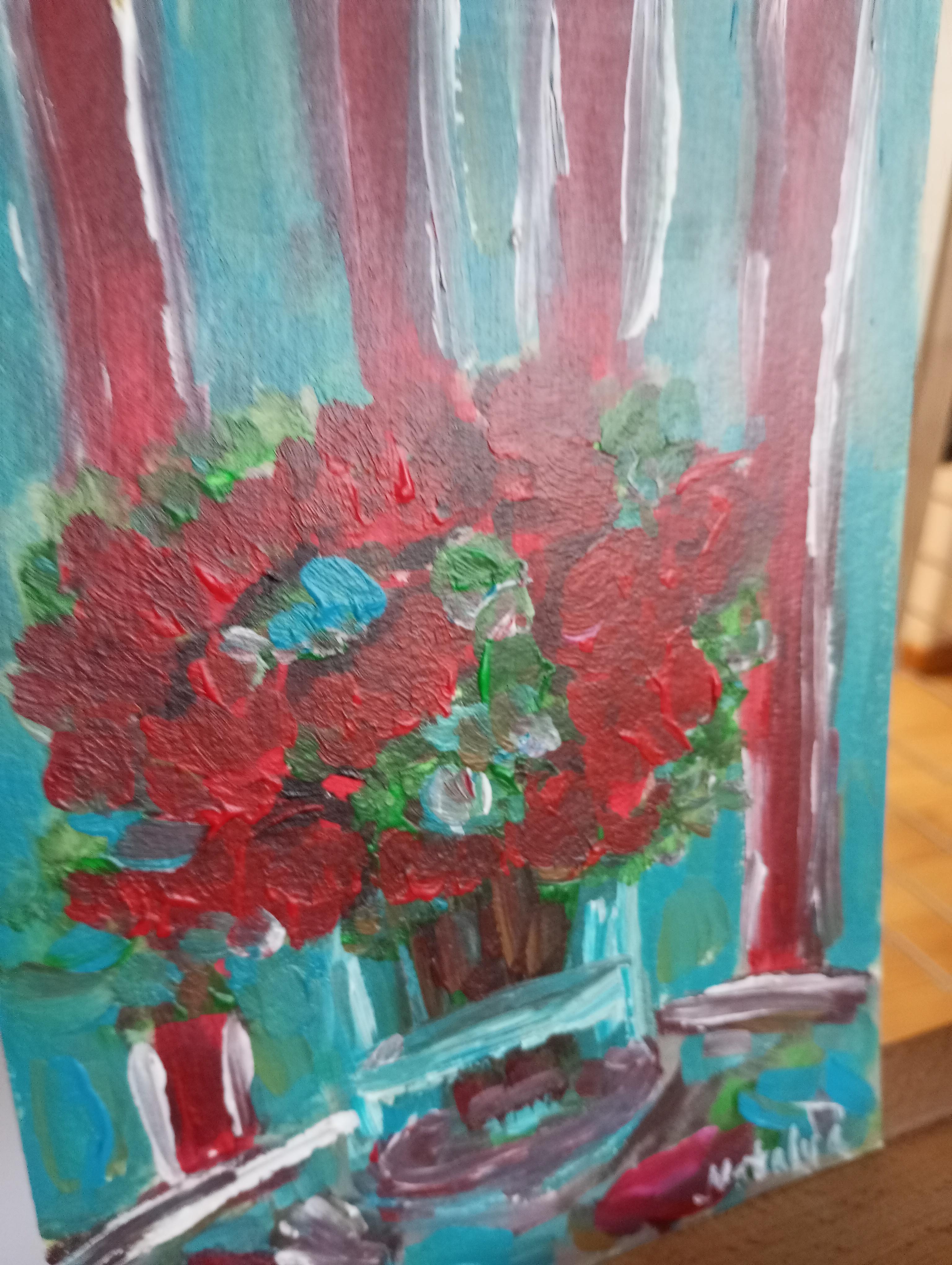Pintura al óleo sobre papel contemporánea impresionista floral florero de rosas rojas en venta 4