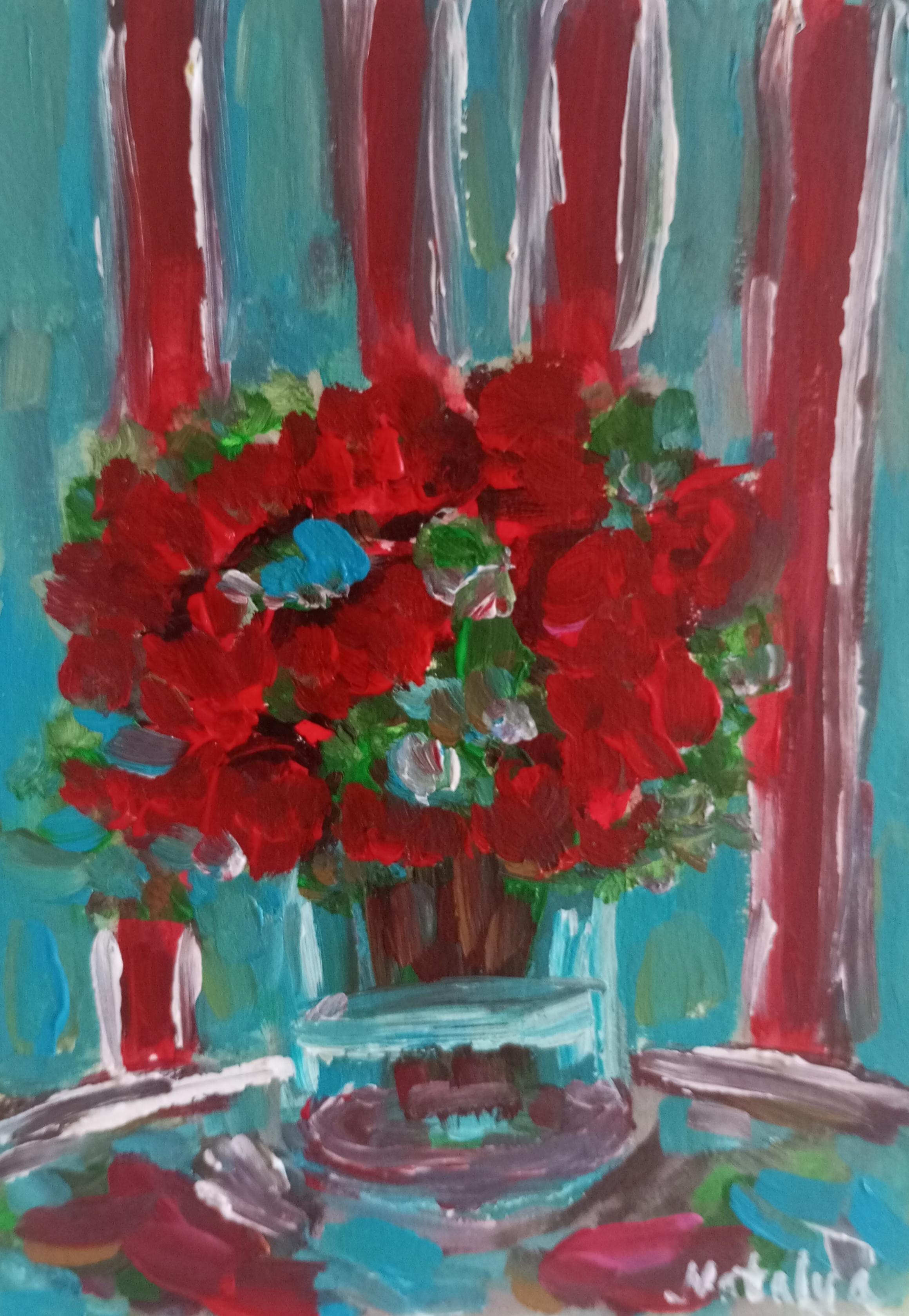 Peinture impressionniste contemporaine à l'huile sur papier, vase floral de roses rouges