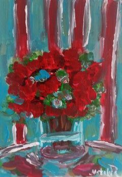 Contemporary impressionist floral red roses vase oil painting on paper