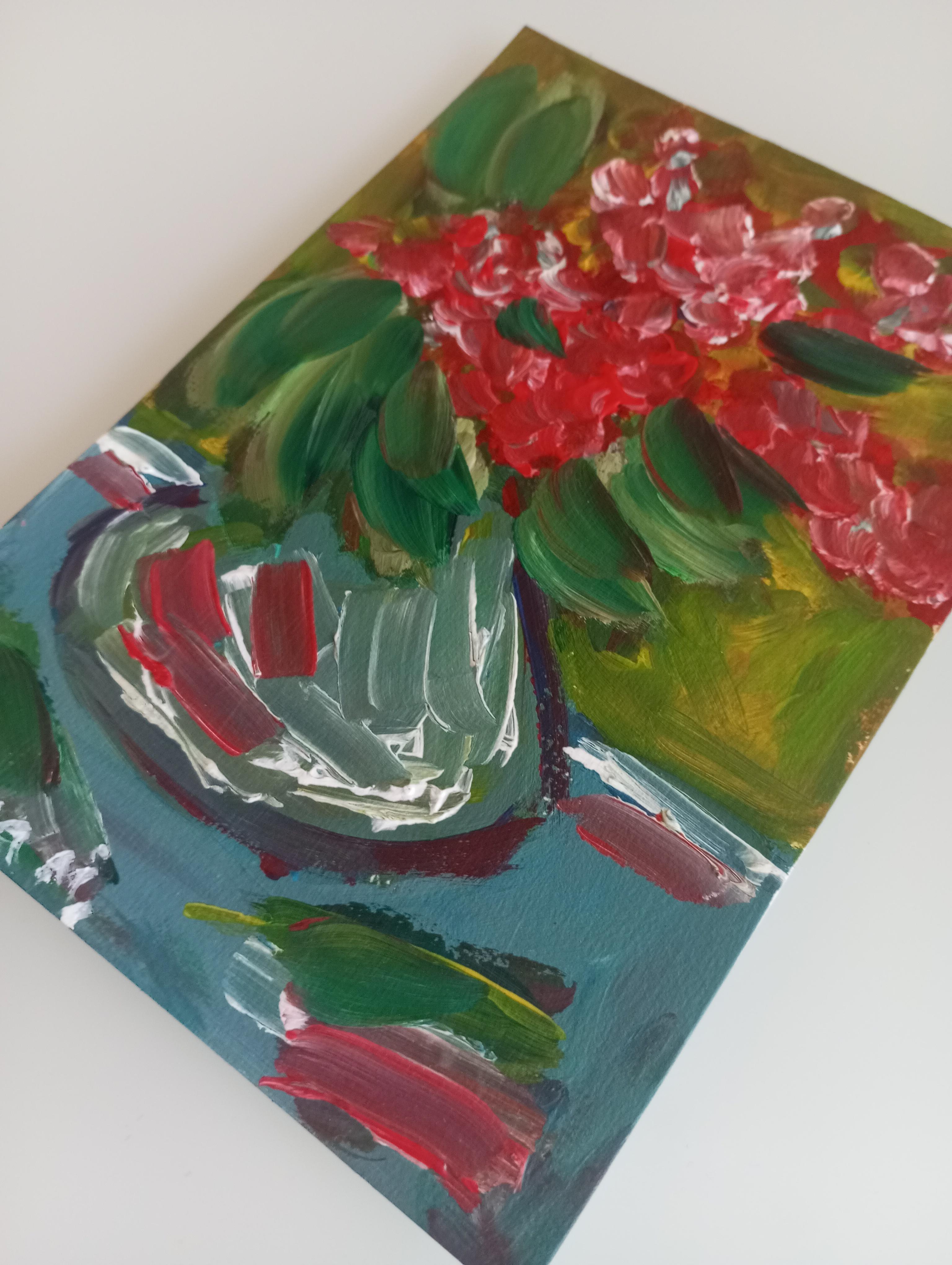 Pittura ad olio su carta di natura morta impressionista floreale contemporanea in vendita 13