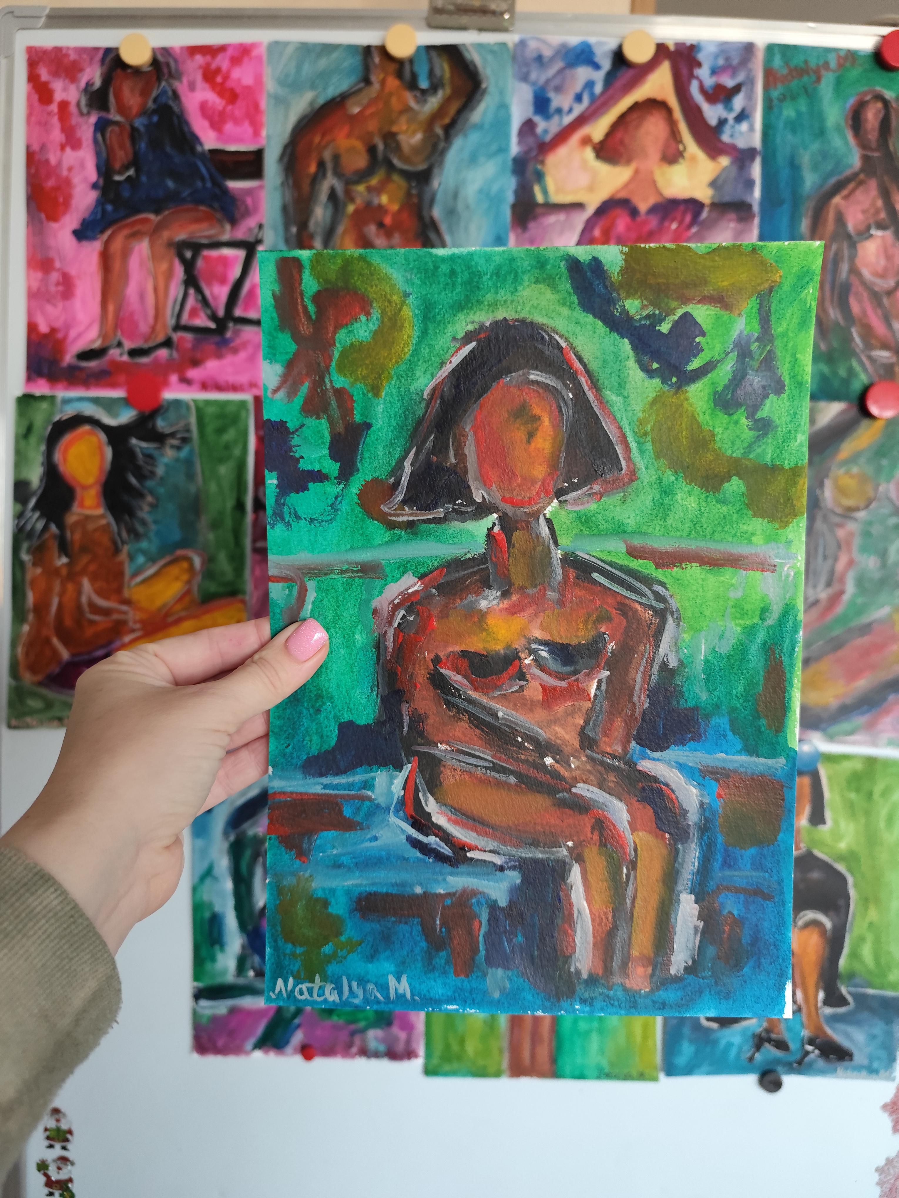 Pintura figurativa en acuarela de una mujer sobre papel 
