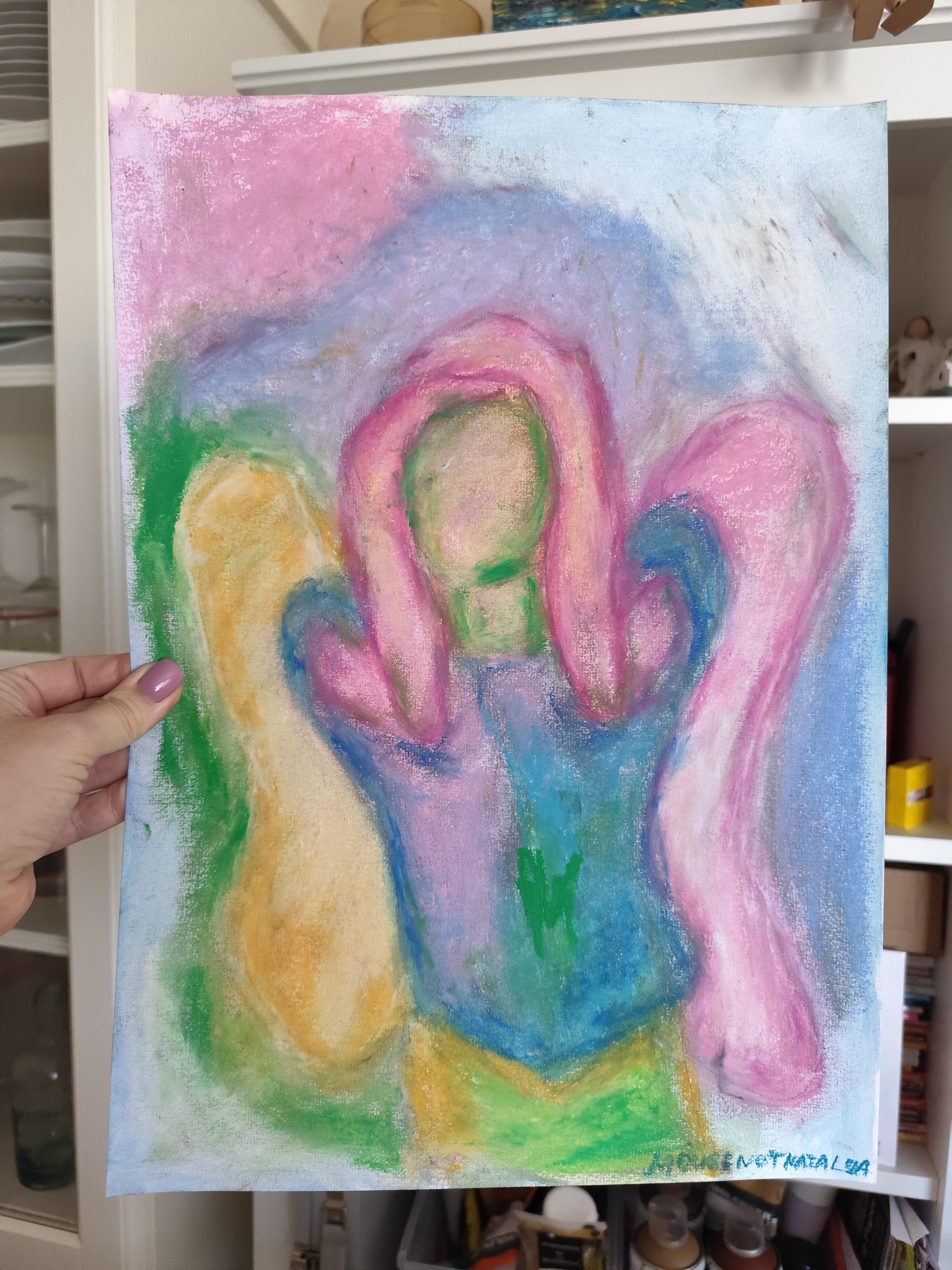 Espressionismo astratto angelo spirituale pastelli a olio su carta 
