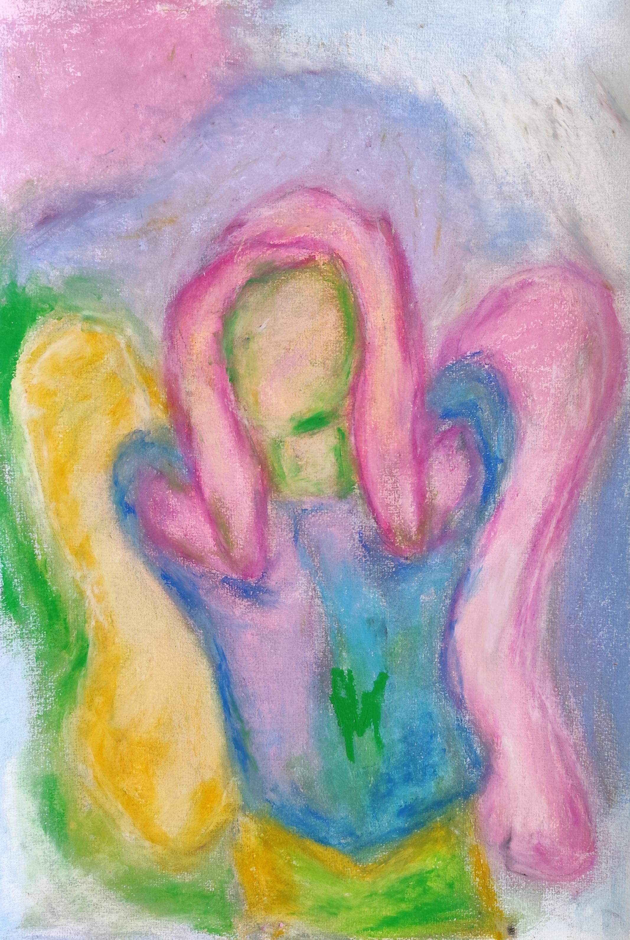 Espressionismo astratto angelo spirituale pastelli a olio su carta "Come posso aiutarti?".