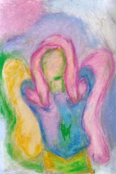 Espressionismo astratto angelo spirituale pastelli a olio su carta "Come posso aiutarti?".