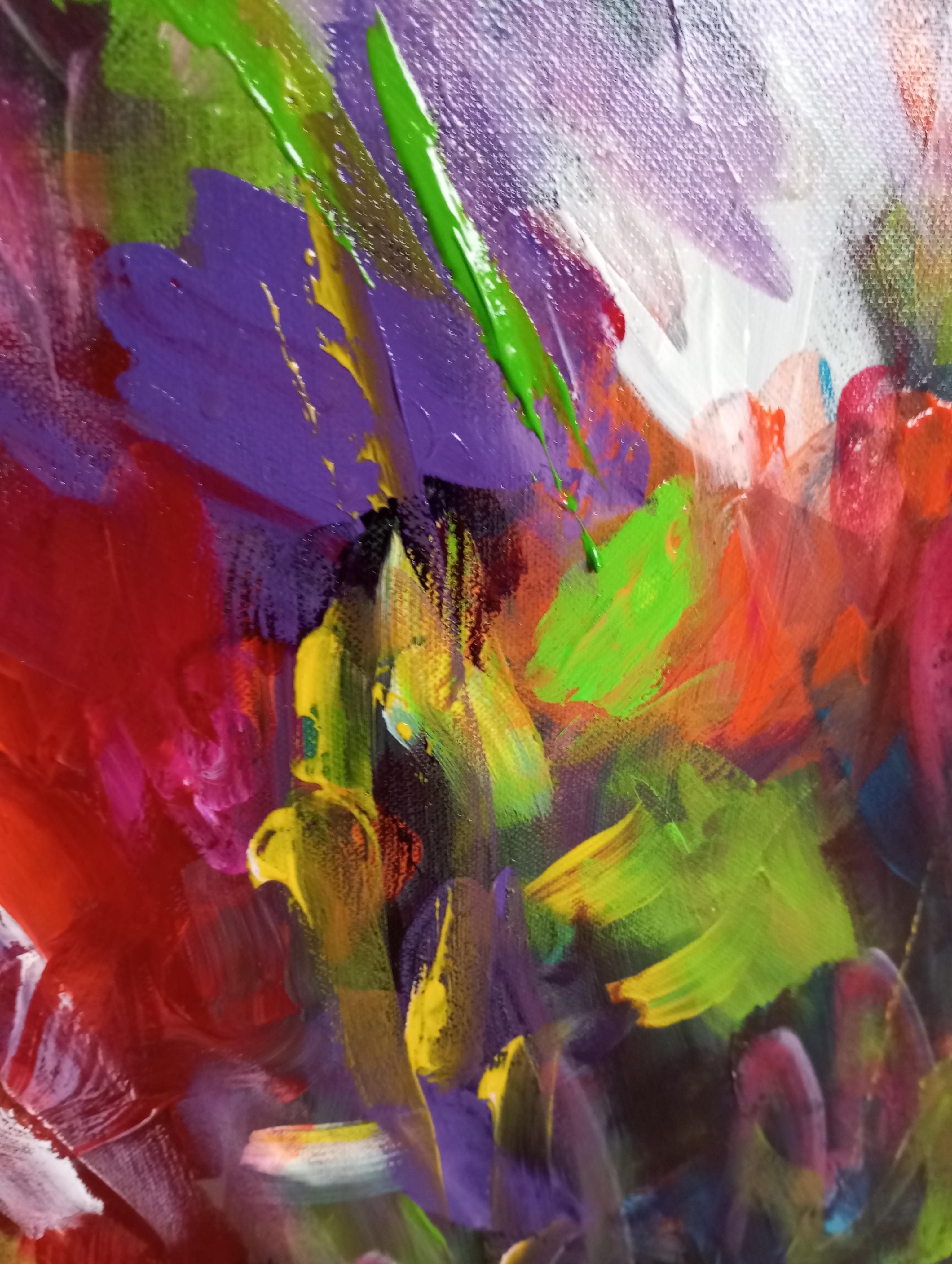Gran pintura acrílica abstracta floral expresiva sobre lienzo 
