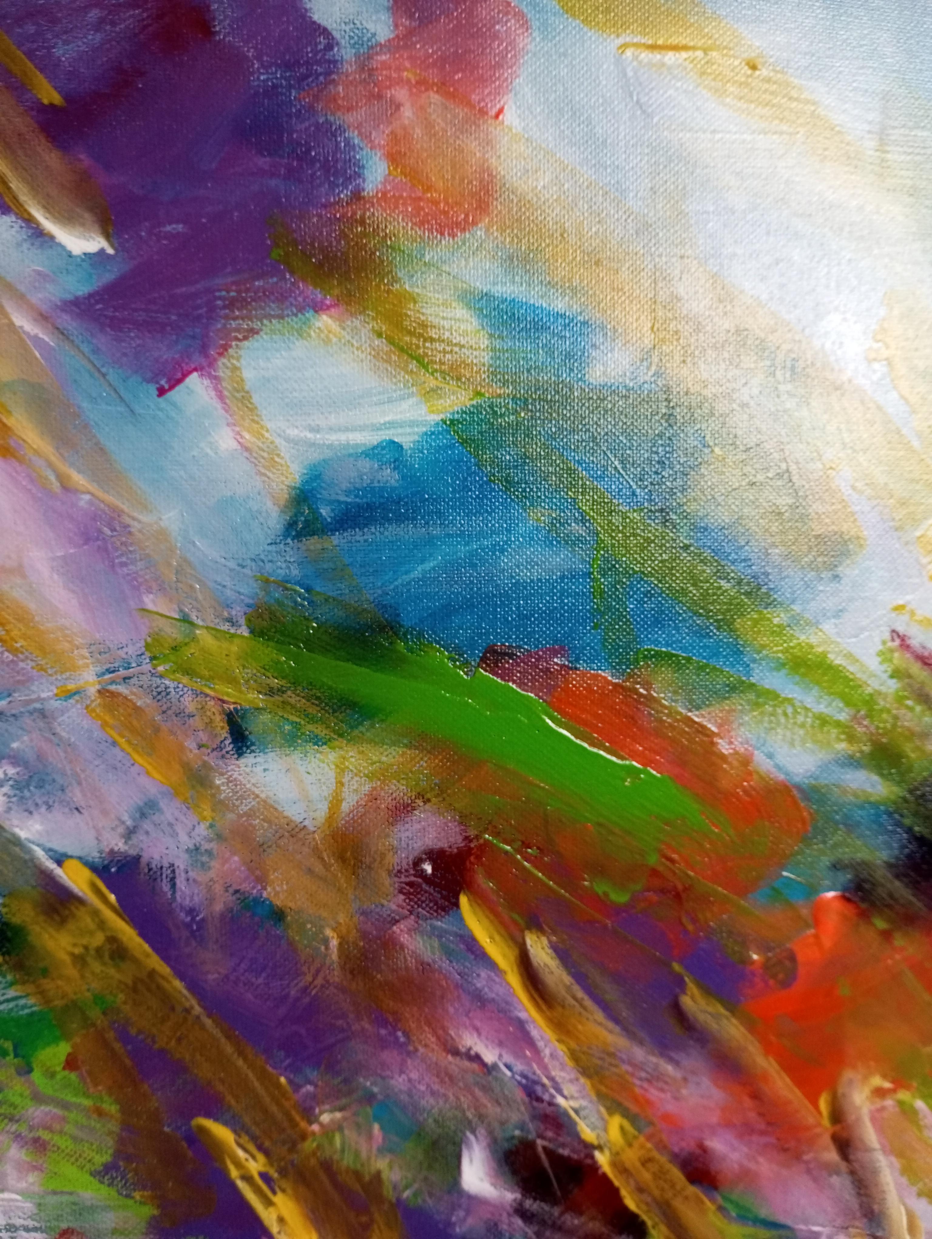 Gran pintura acrílica abstracta floral expresiva sobre lienzo 