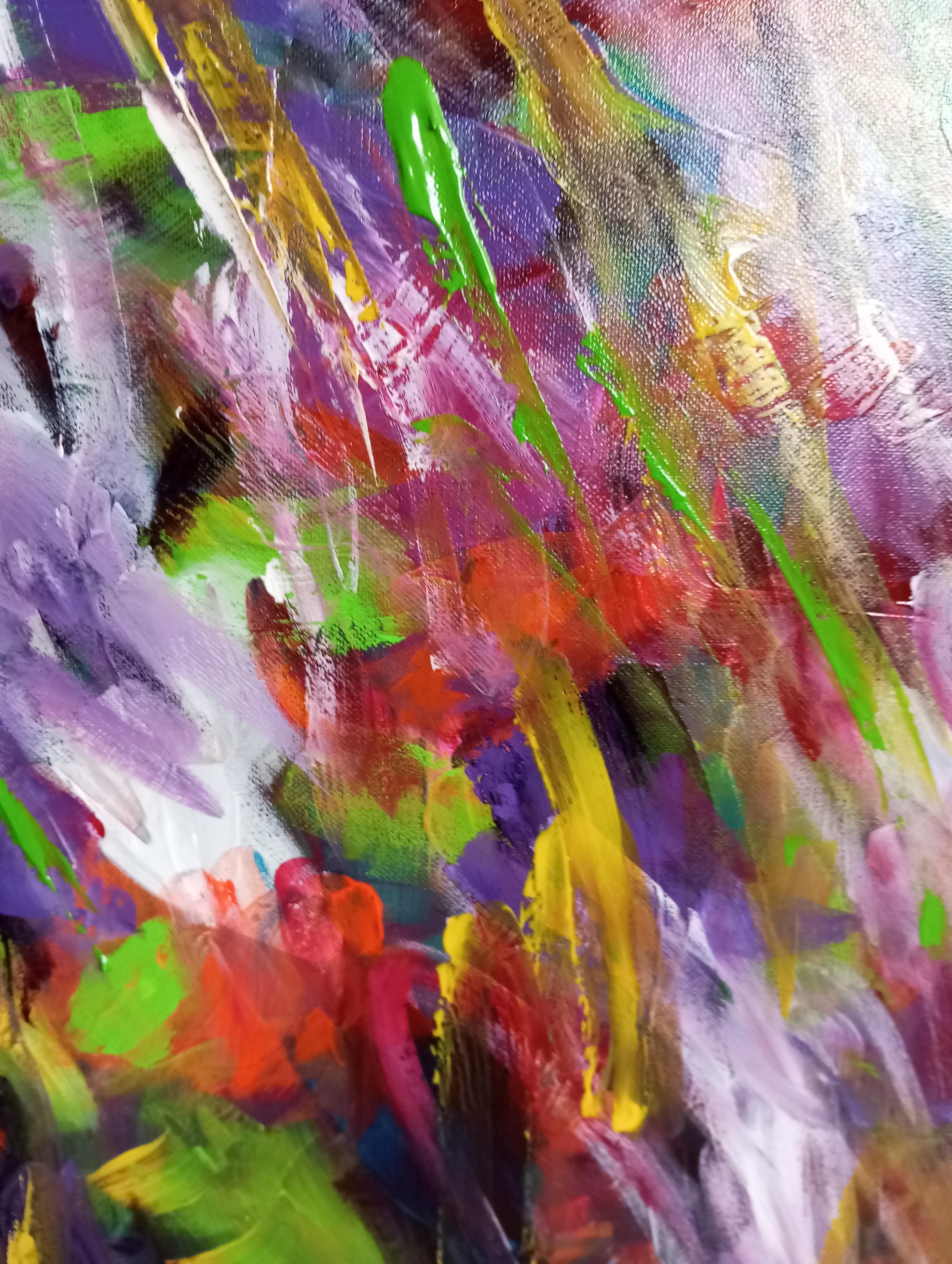 Gran pintura acrílica abstracta floral expresiva sobre lienzo 