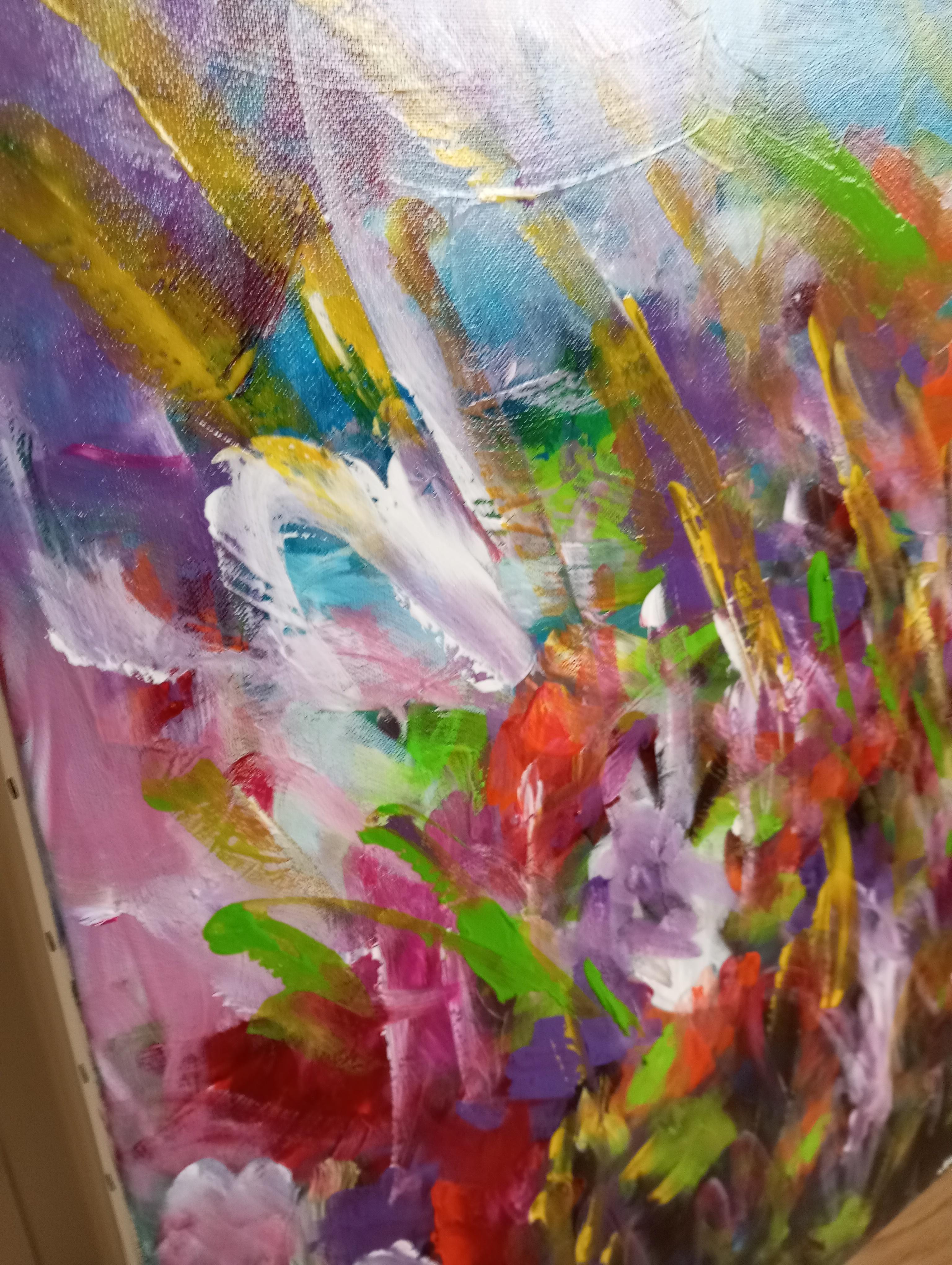 Gran pintura acrílica abstracta floral expresiva sobre lienzo 