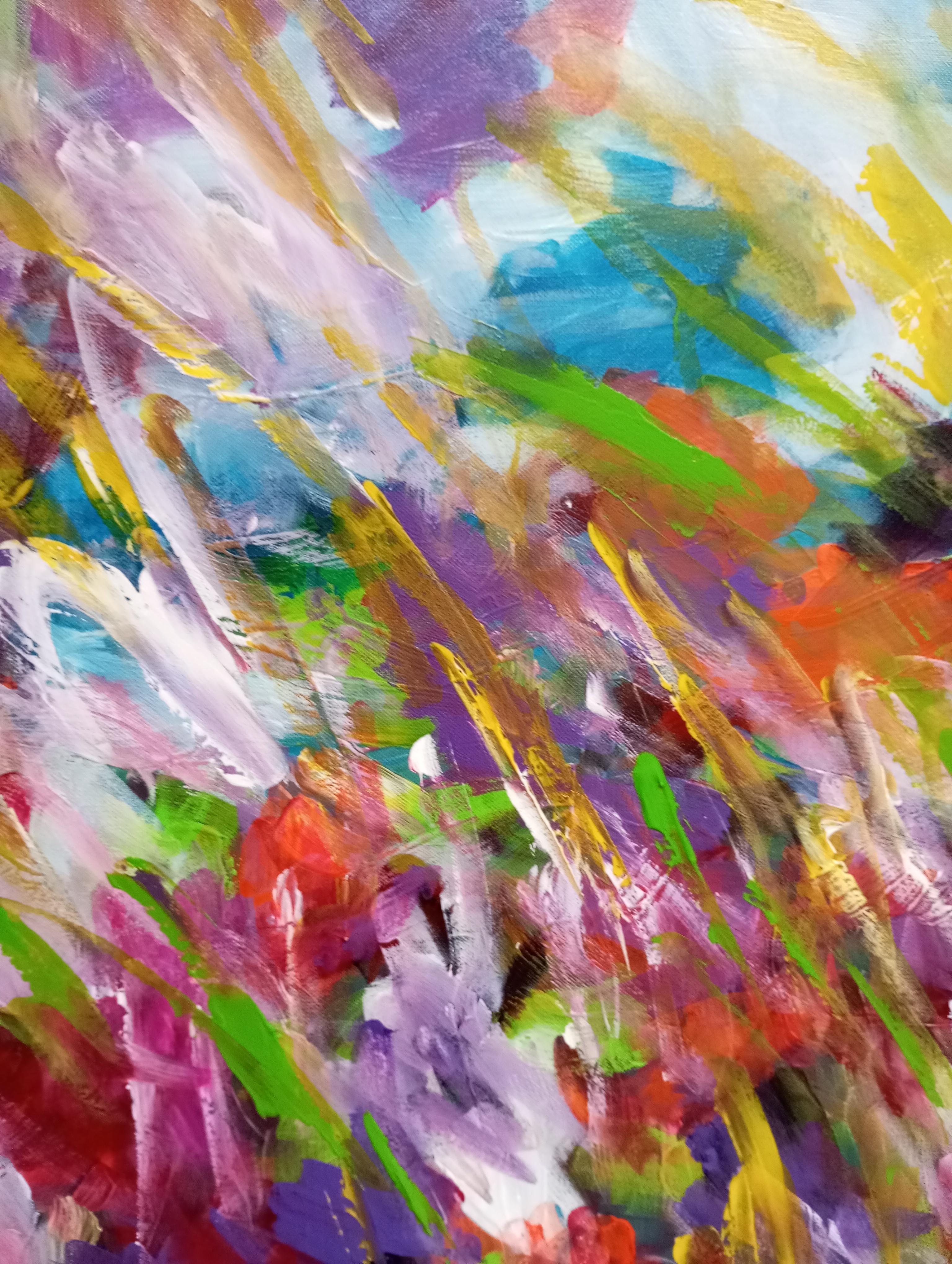 Gran pintura acrílica abstracta floral expresiva sobre lienzo 
