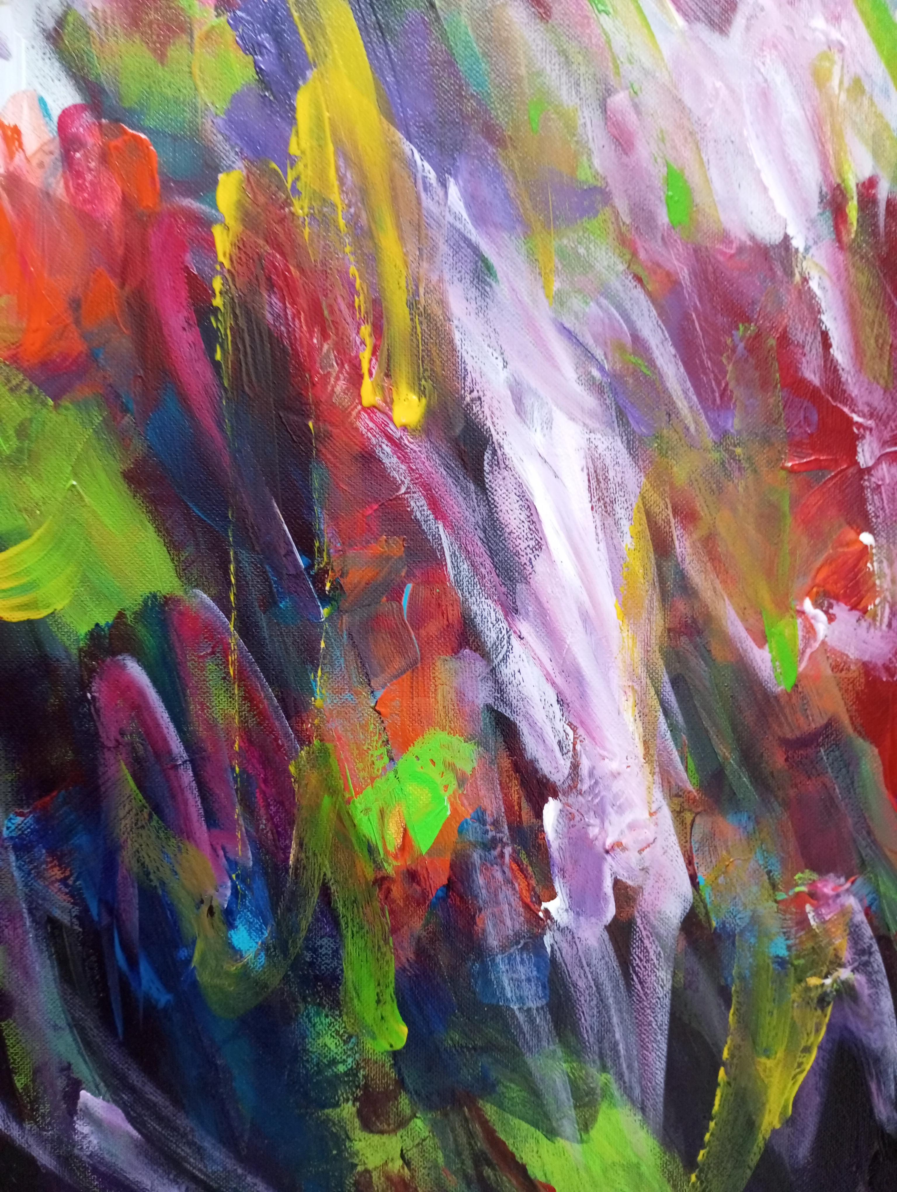 Gran pintura acrílica abstracta floral expresiva sobre lienzo 