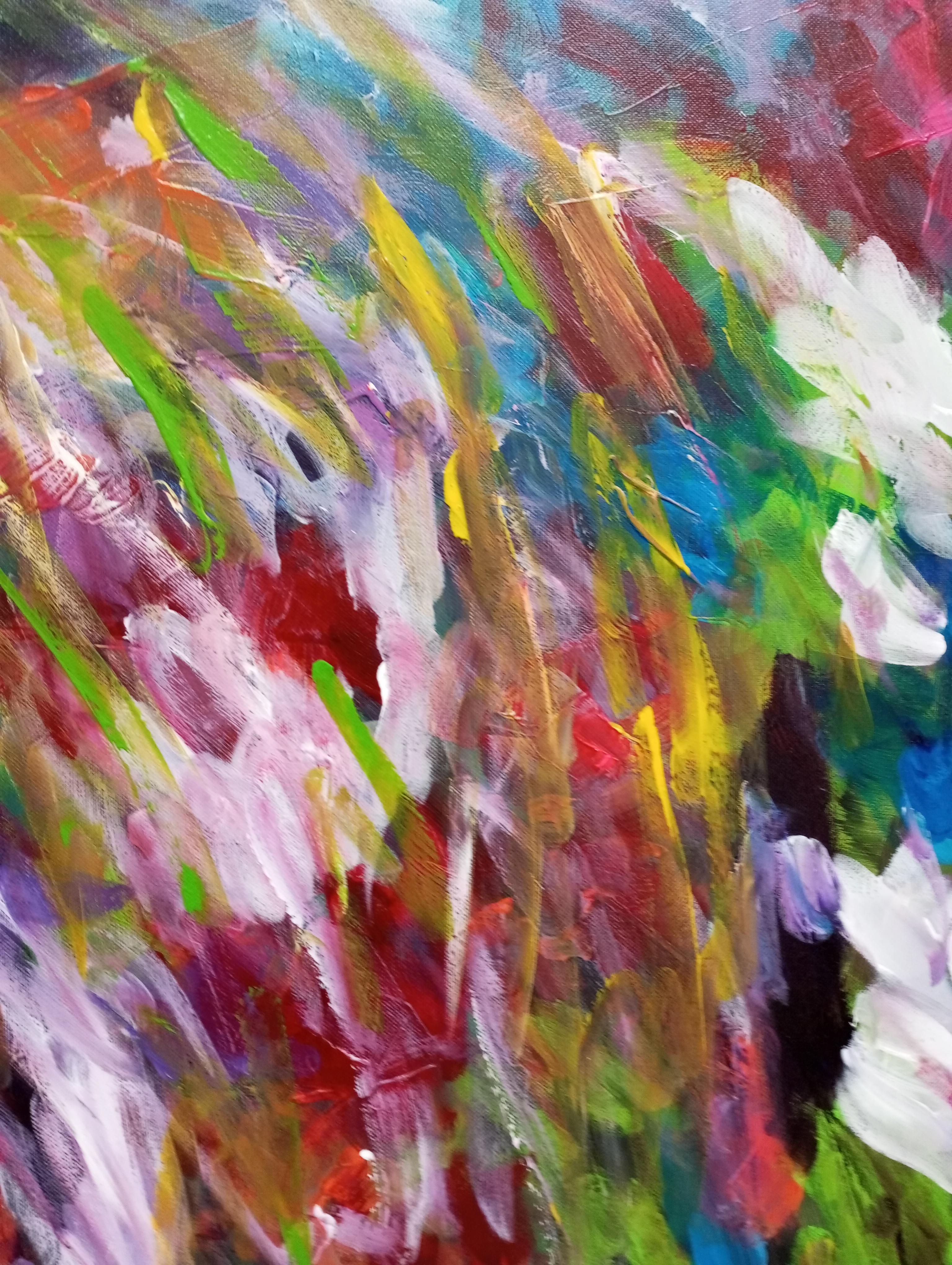 Gran pintura acrílica abstracta floral expresiva sobre lienzo 