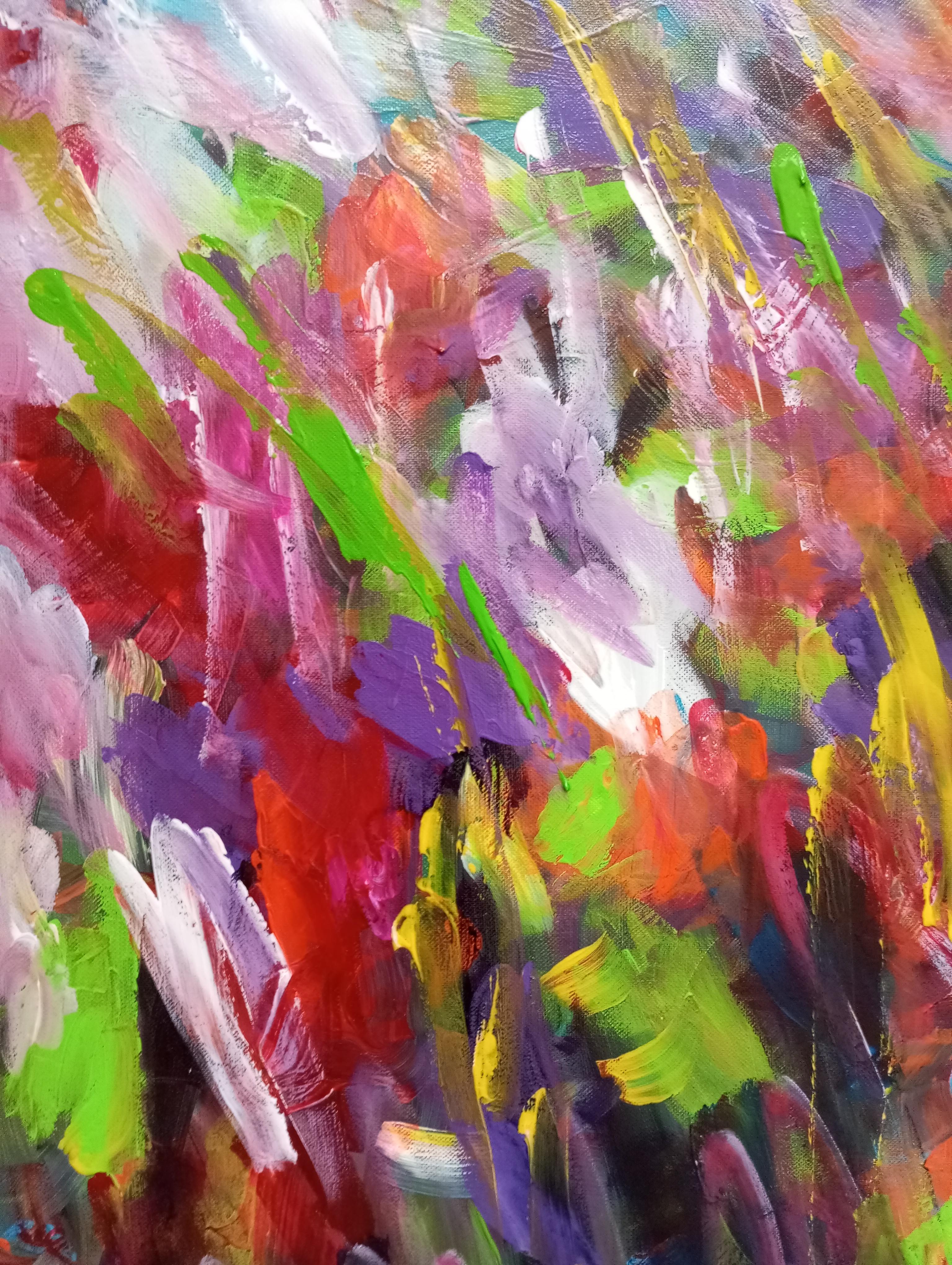 Gran pintura acrílica abstracta floral expresiva sobre lienzo 