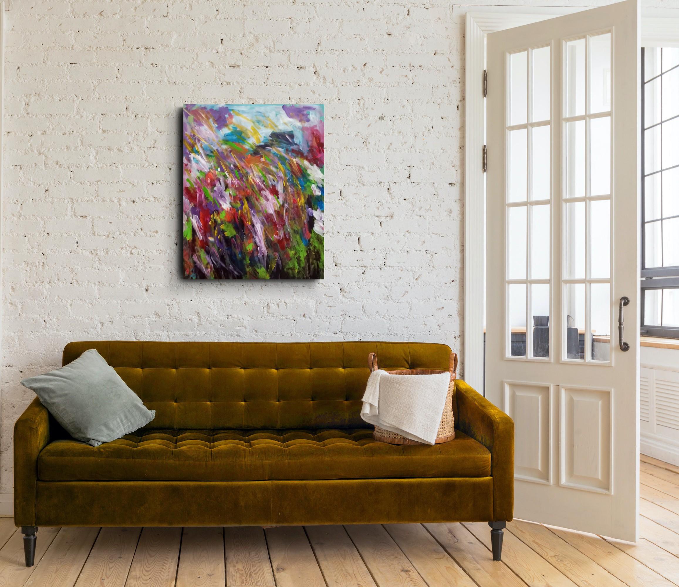 Gran pintura acrílica abstracta floral expresiva sobre lienzo 