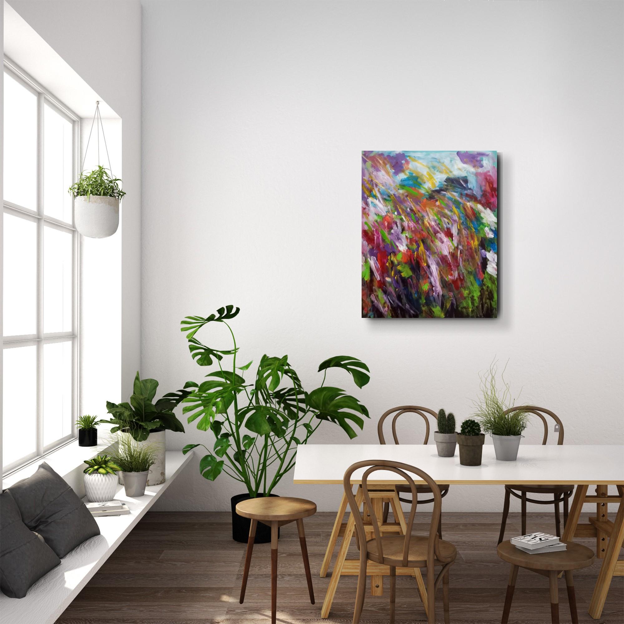 Gran pintura acrílica abstracta floral expresiva sobre lienzo 