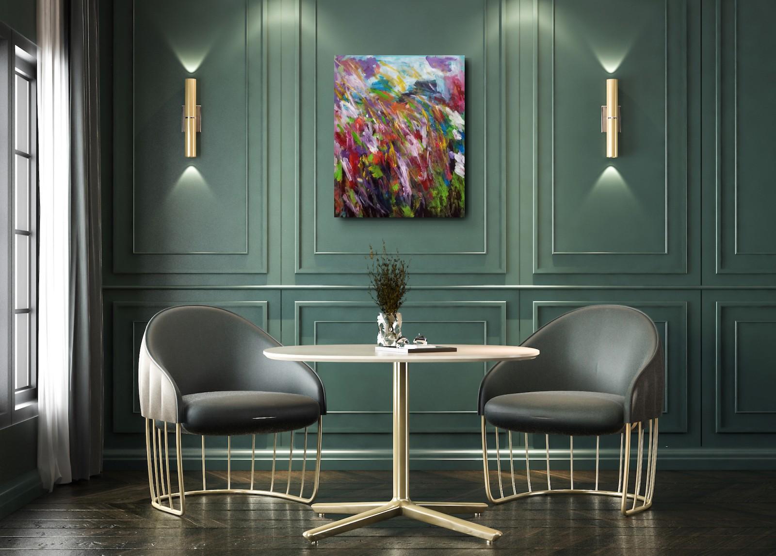 Gran pintura acrílica abstracta floral expresiva sobre lienzo 