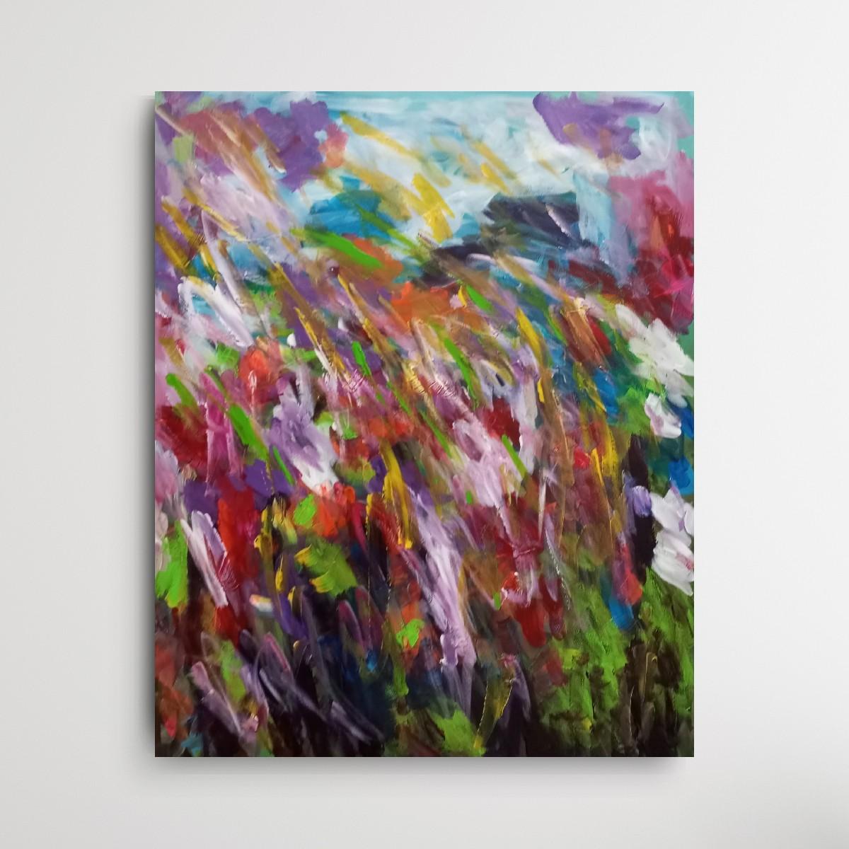 Gran pintura acrílica abstracta floral expresiva sobre lienzo 