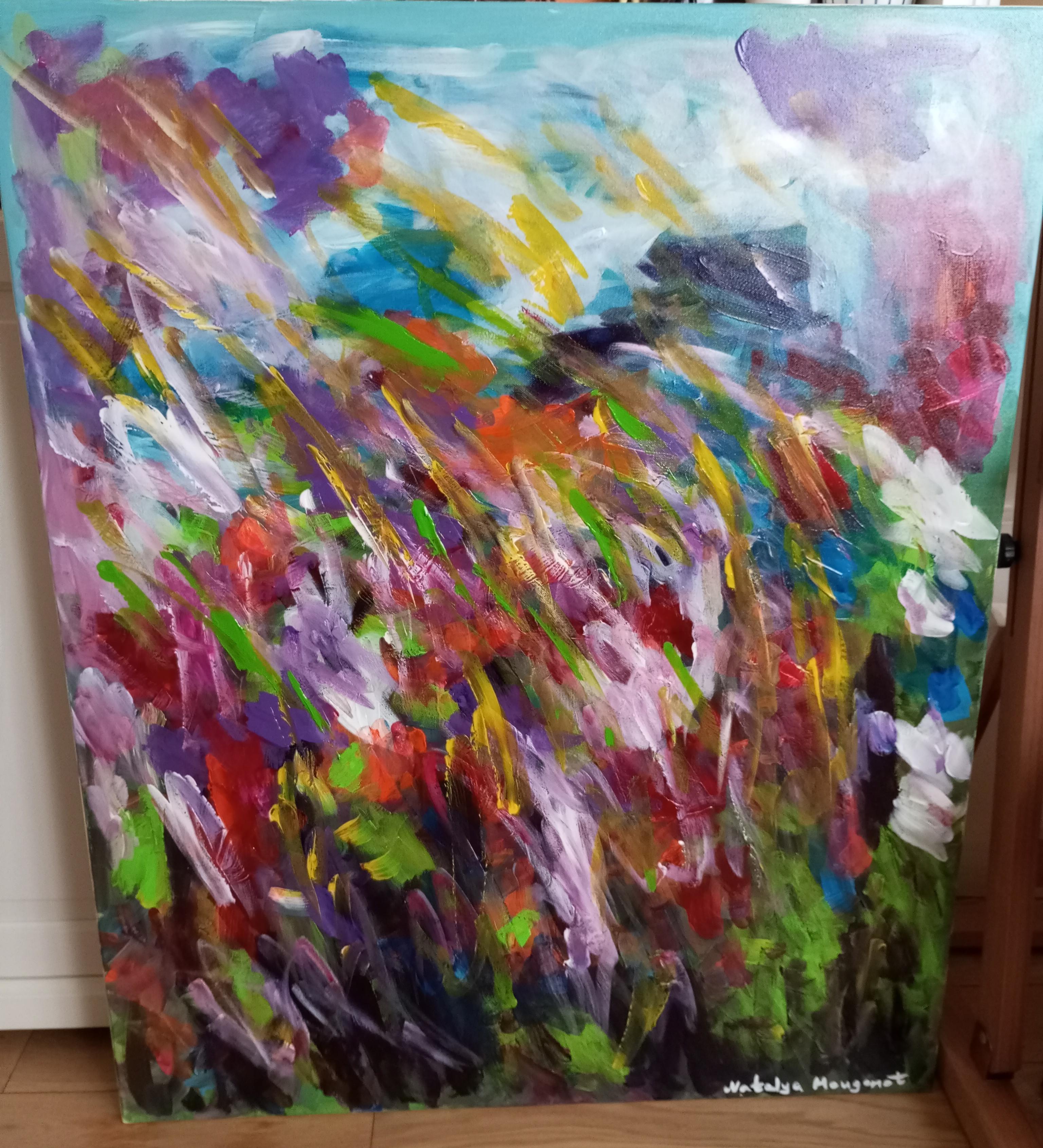Gran pintura acrílica abstracta floral expresiva sobre lienzo 