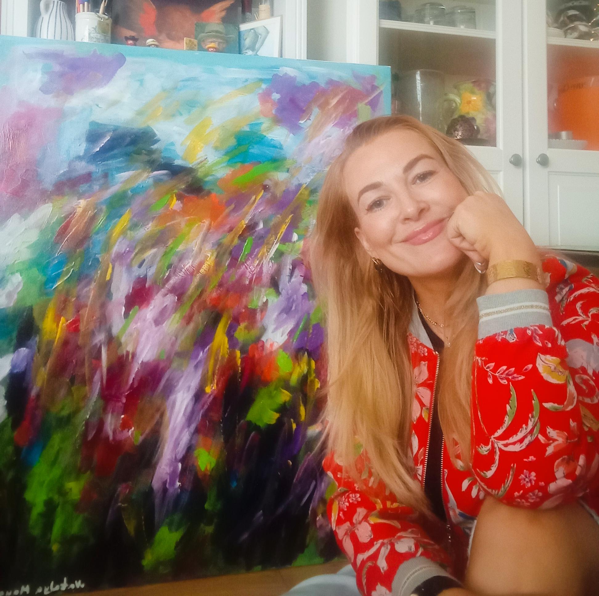 Gran pintura acrílica abstracta floral expresiva sobre lienzo 