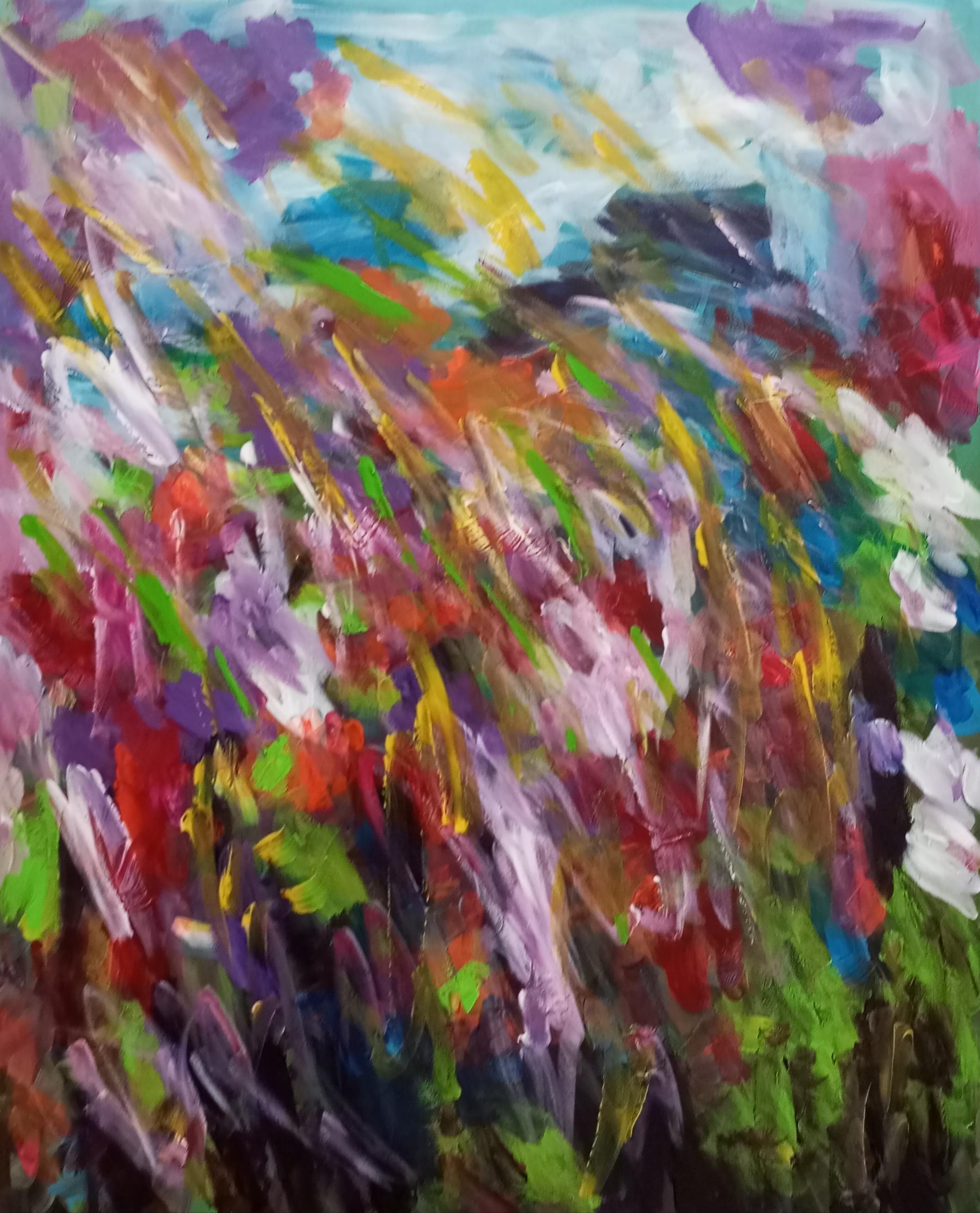 Interior Painting de Natalya Mougenot  - Gran pintura acrílica abstracta floral expresiva sobre lienzo "Exploración floral"