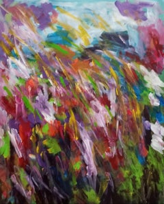 Gran pintura acrílica abstracta floral expresiva sobre lienzo "Exploración floral"