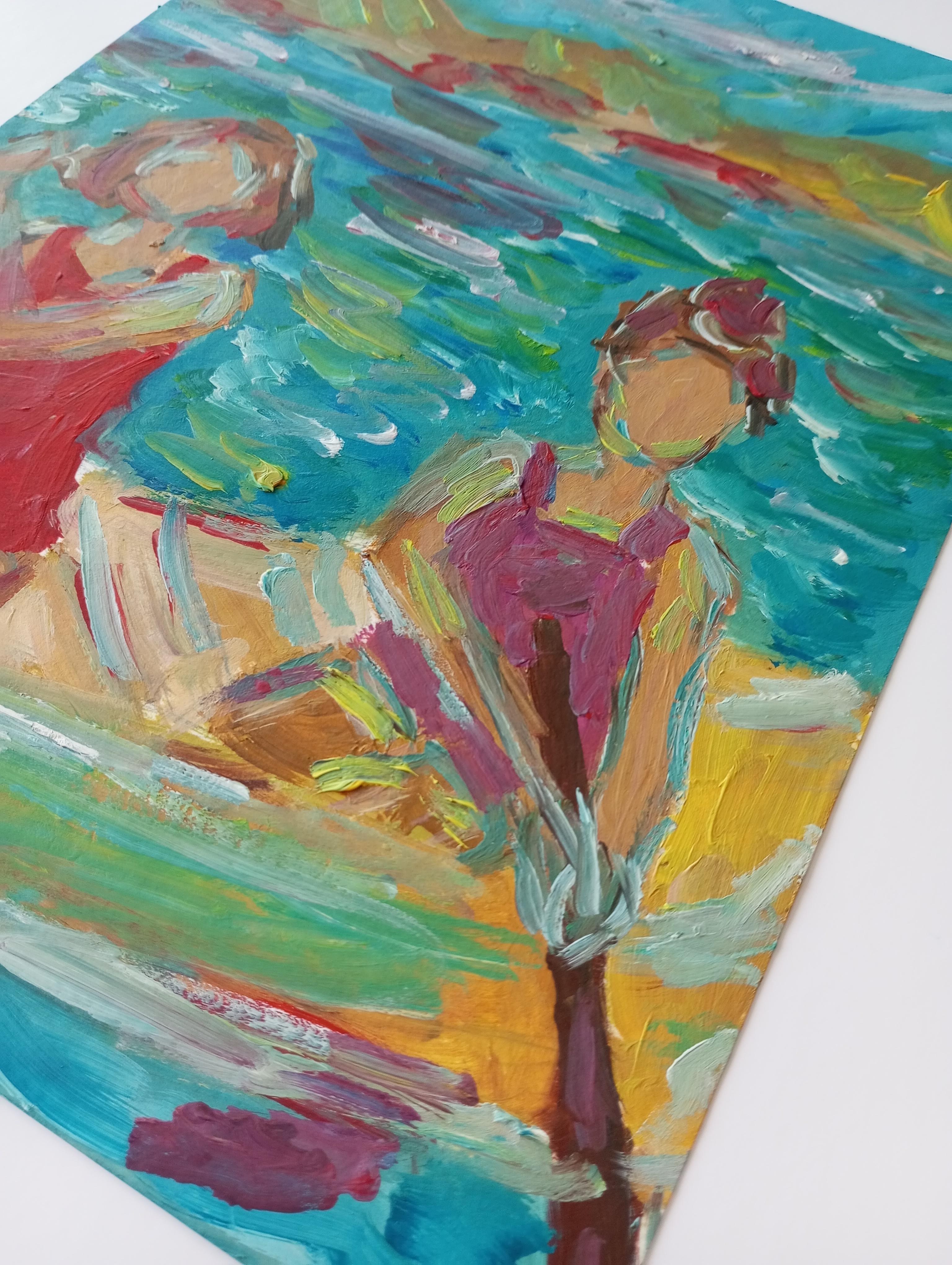 Contemporary impressionist expressive oil painting of women on paper For Sale 14