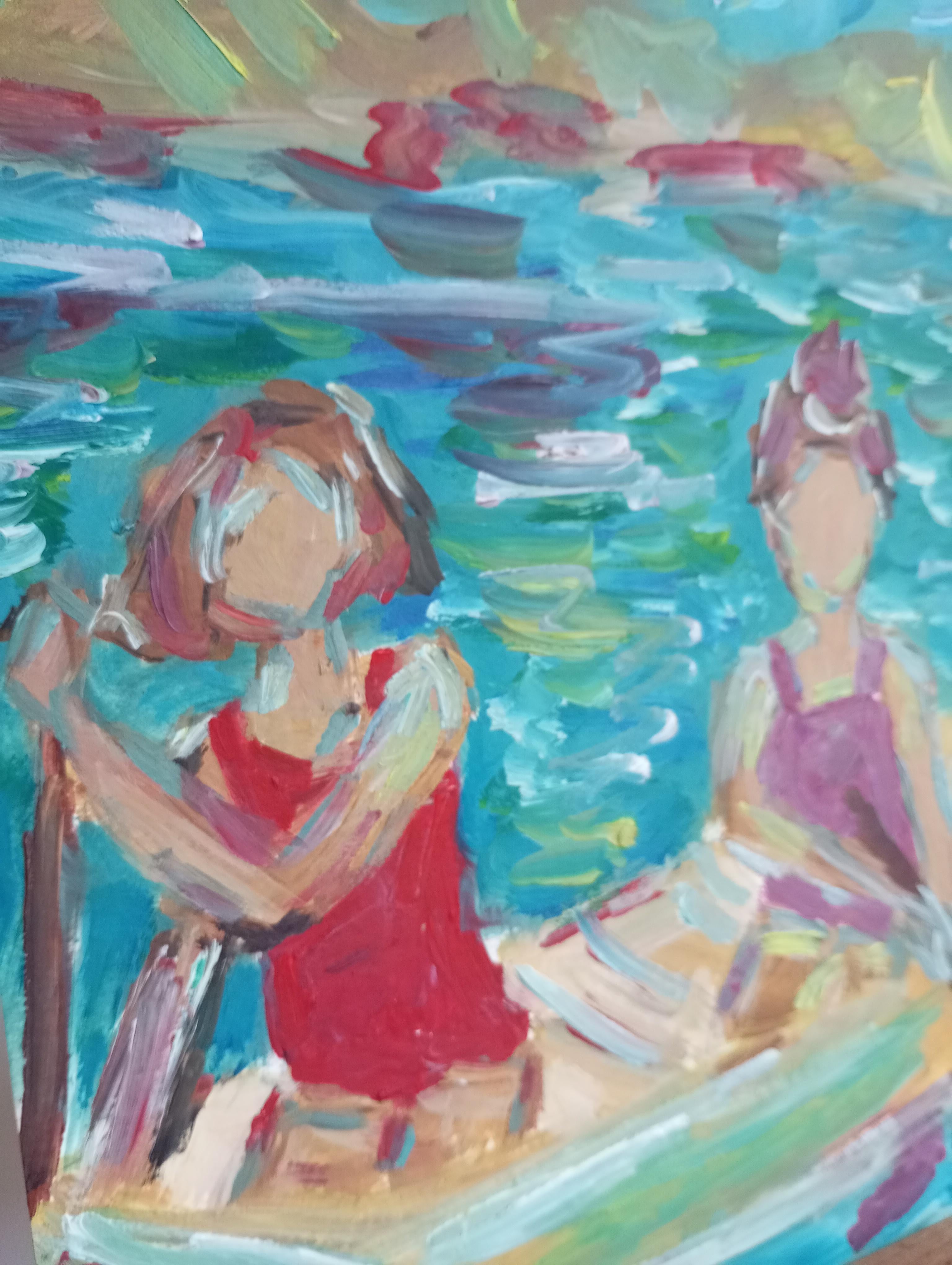 Contemporary impressionist expressive oil painting of women on paper For Sale 5