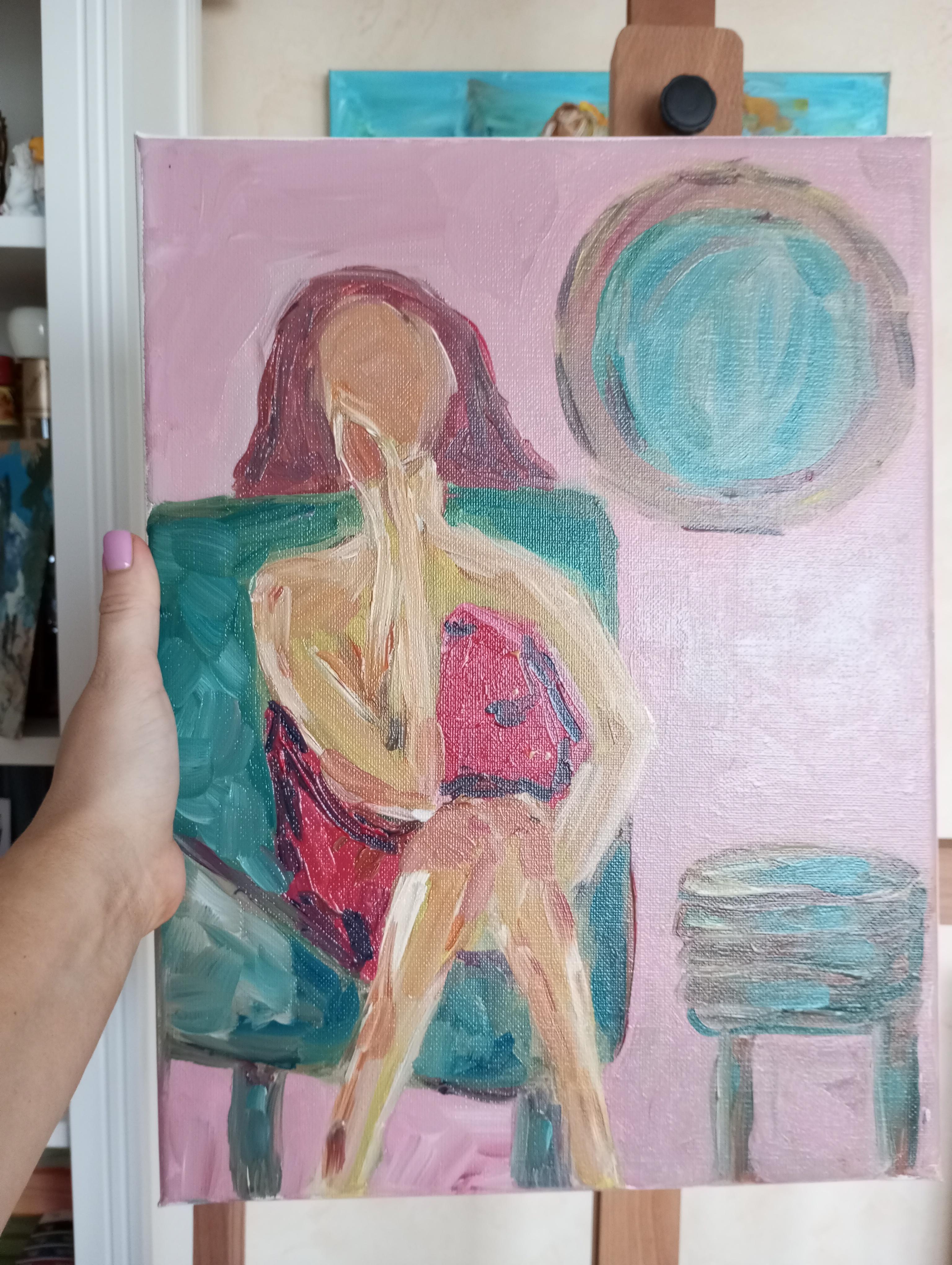 Óleo expresivo impresionista contemporáneo de mujer sobre lienzo de lino en venta 5