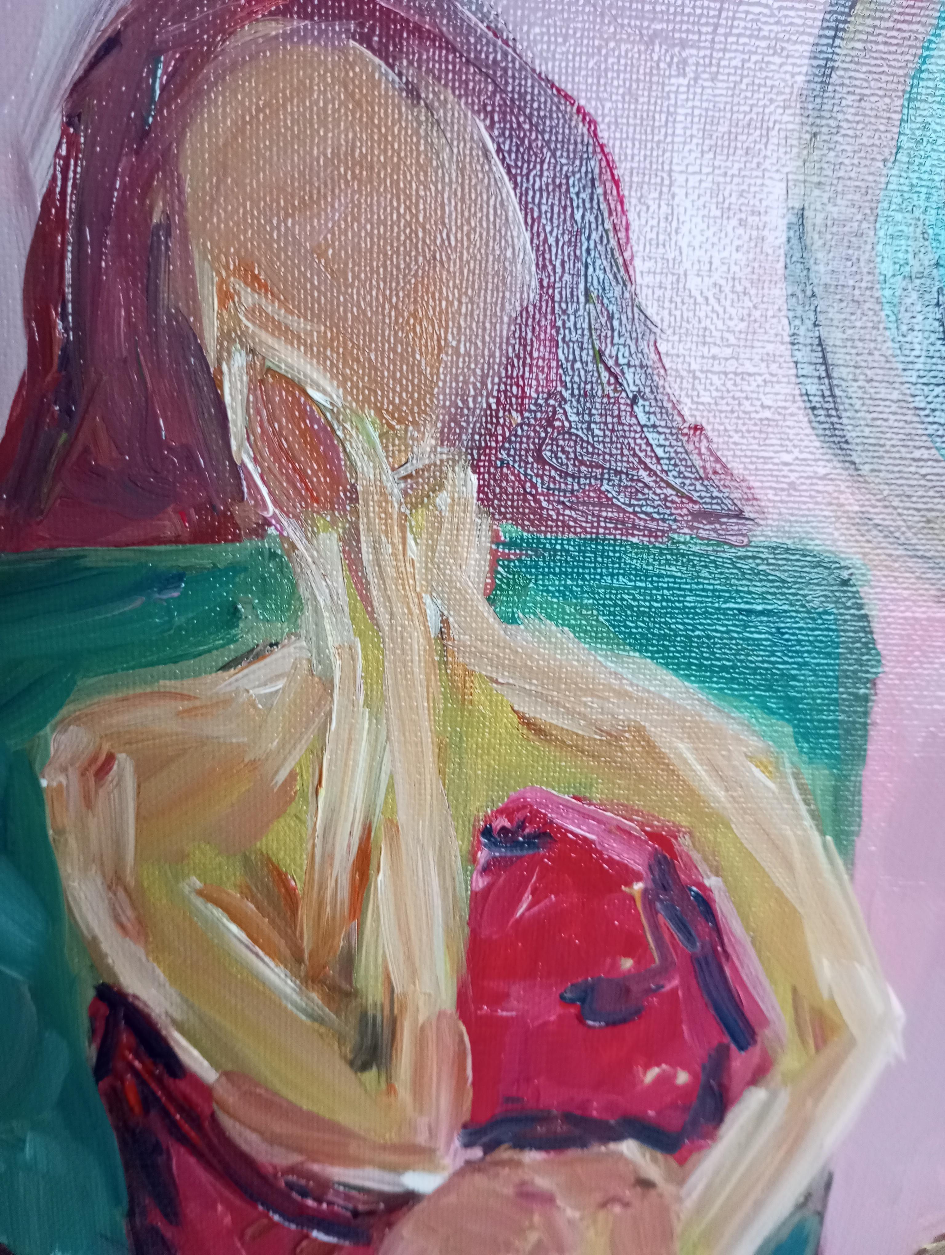 Óleo expresivo impresionista contemporáneo de mujer sobre lienzo de lino en venta 8