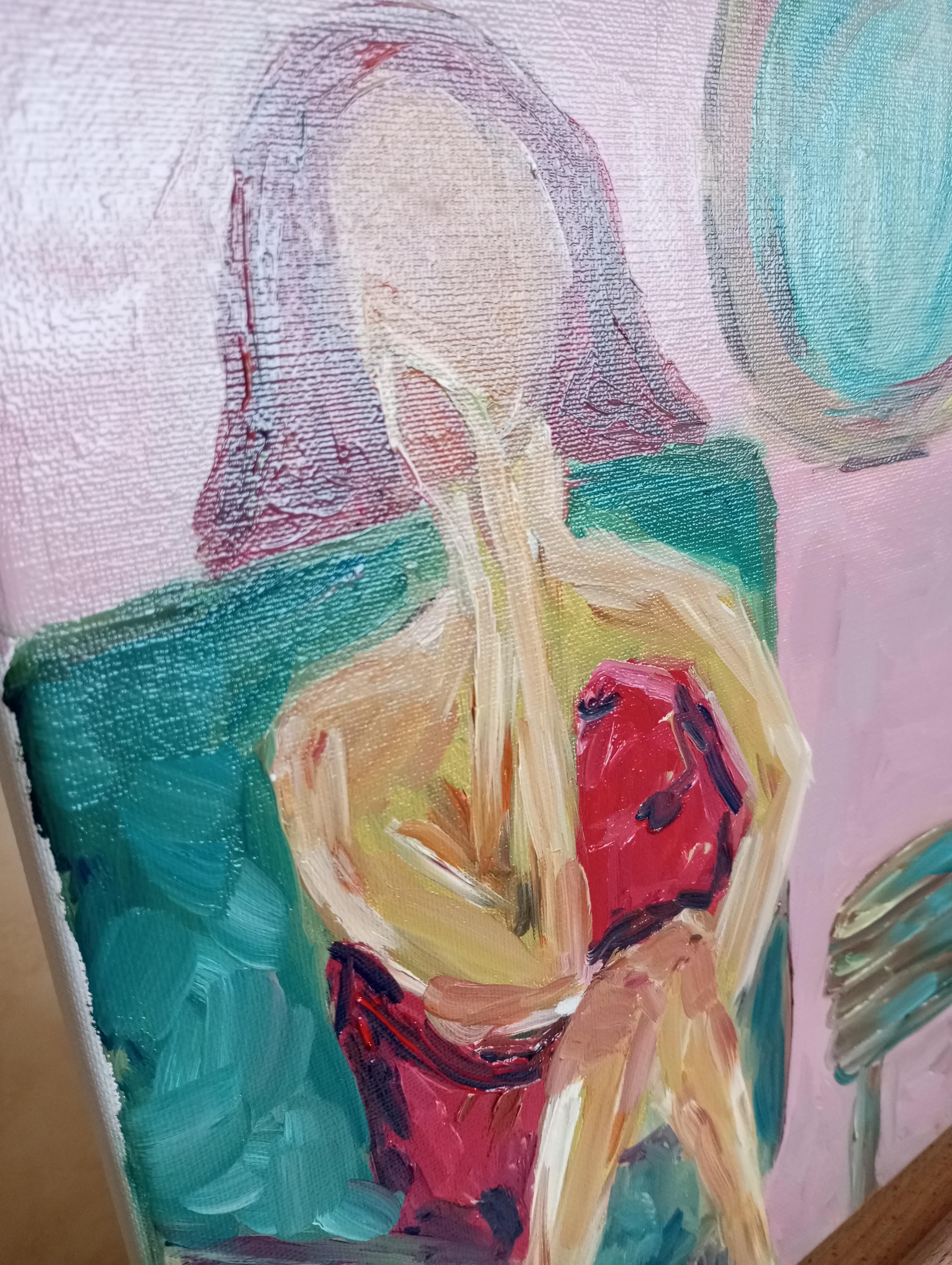 Óleo expresivo impresionista contemporáneo de mujer sobre lienzo de lino en venta 9