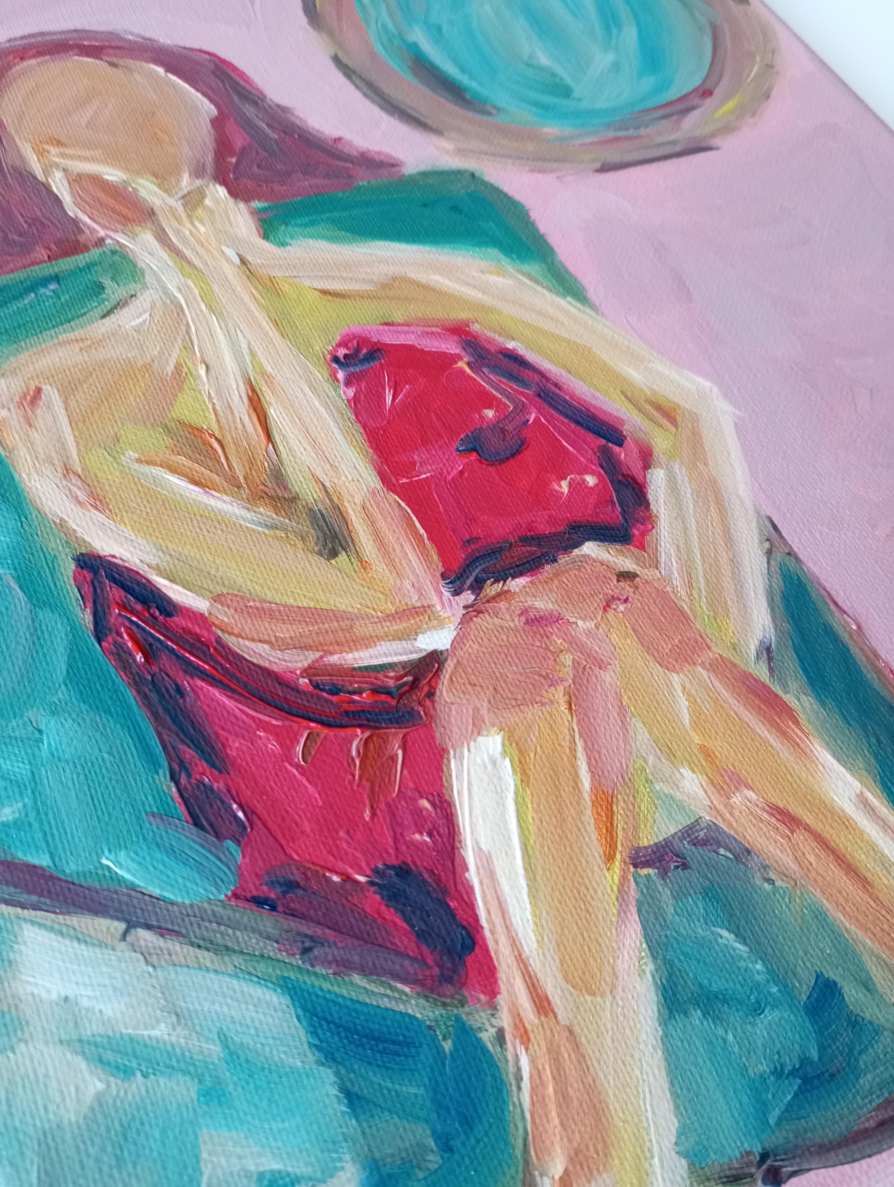 Óleo expresivo impresionista contemporáneo de mujer sobre lienzo de lino en venta 11