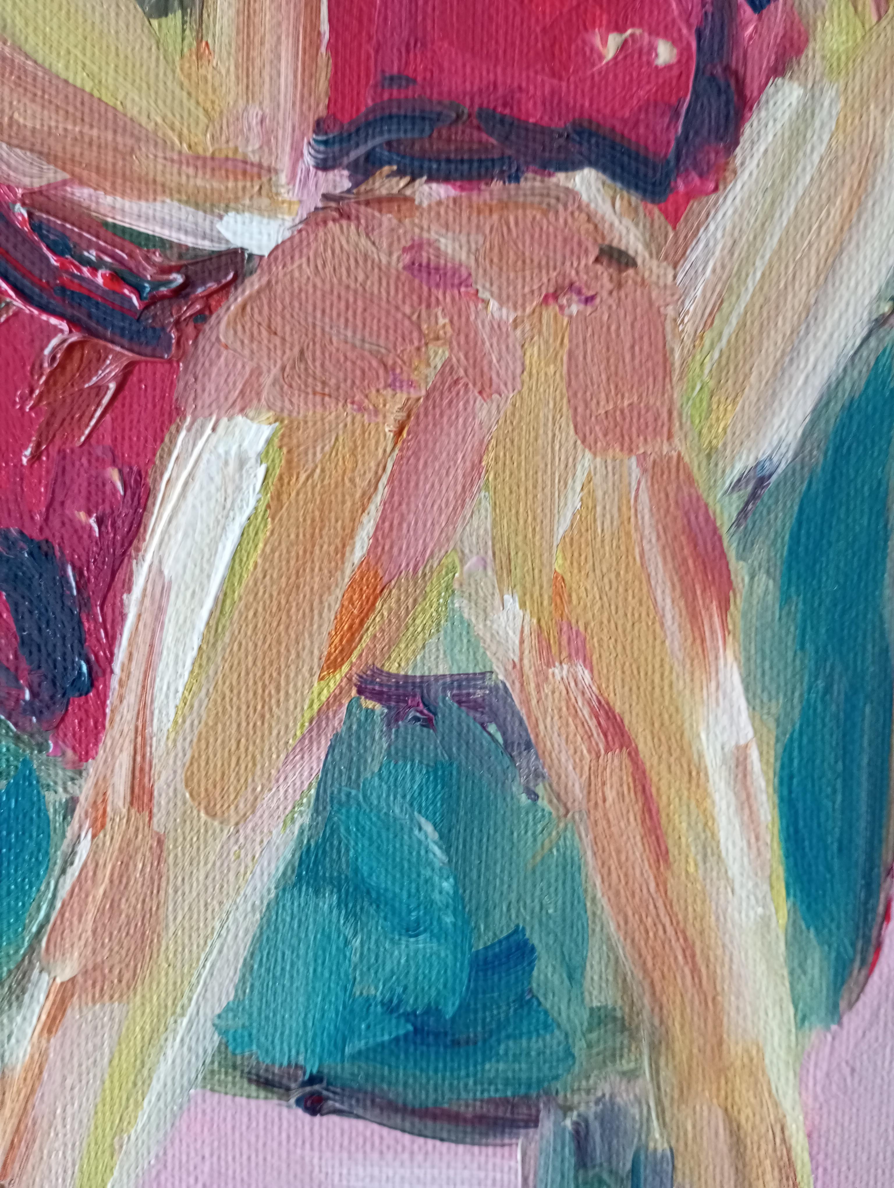 Óleo expresivo impresionista contemporáneo de mujer sobre lienzo de lino en venta 13
