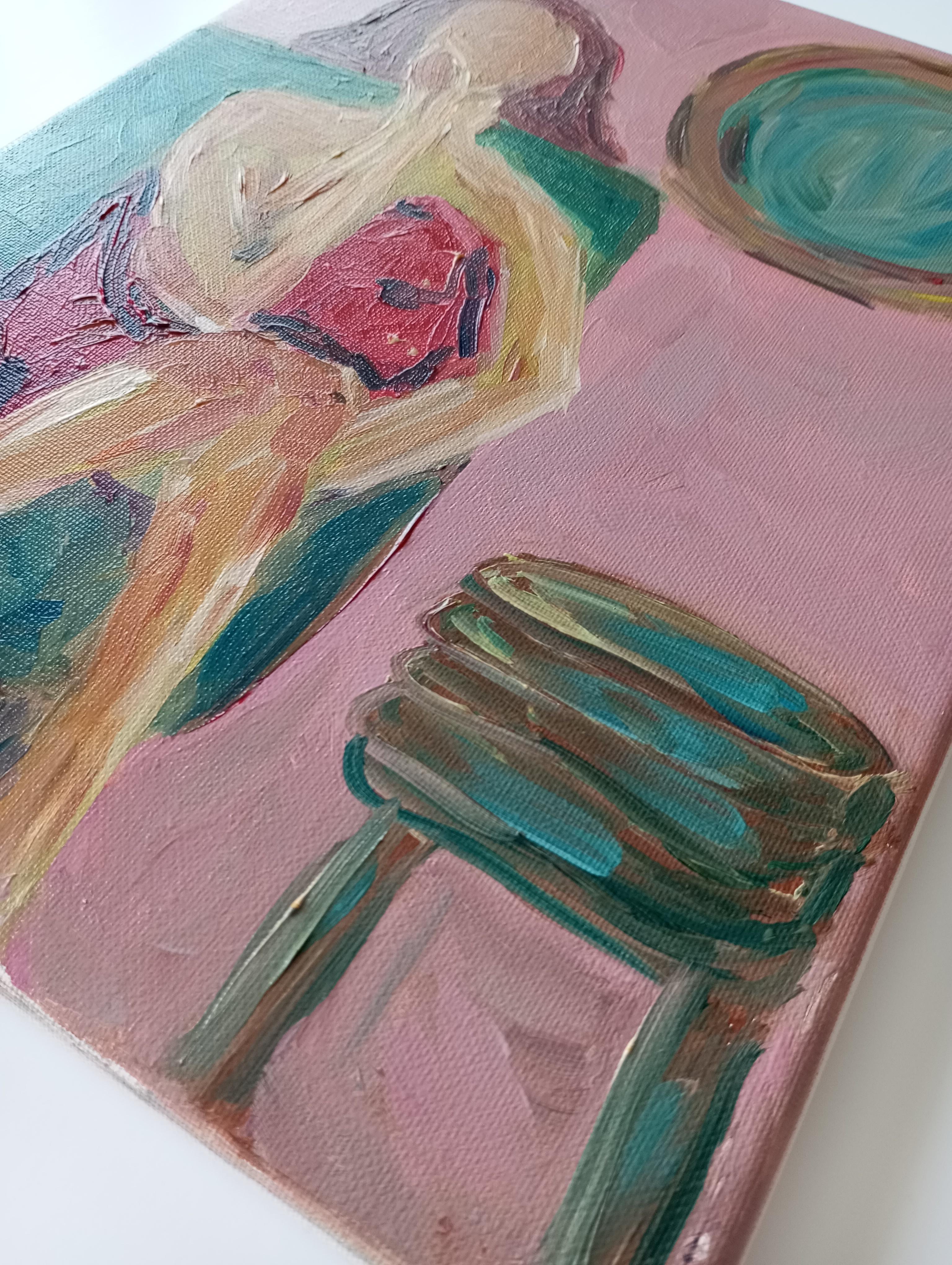 Óleo expresivo impresionista contemporáneo de mujer sobre lienzo de lino en venta 14