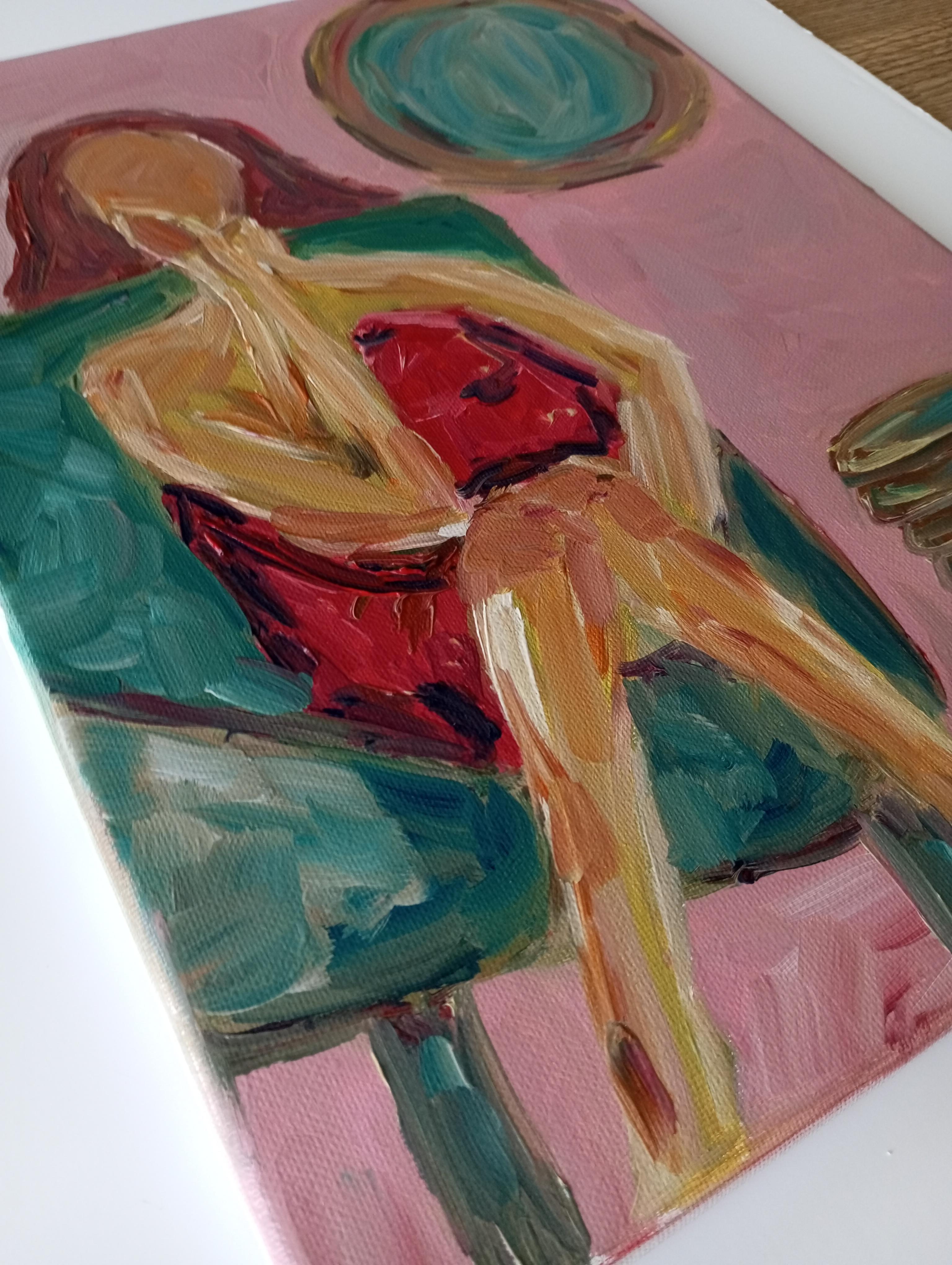 Óleo expresivo impresionista contemporáneo de mujer sobre lienzo de lino en venta 15