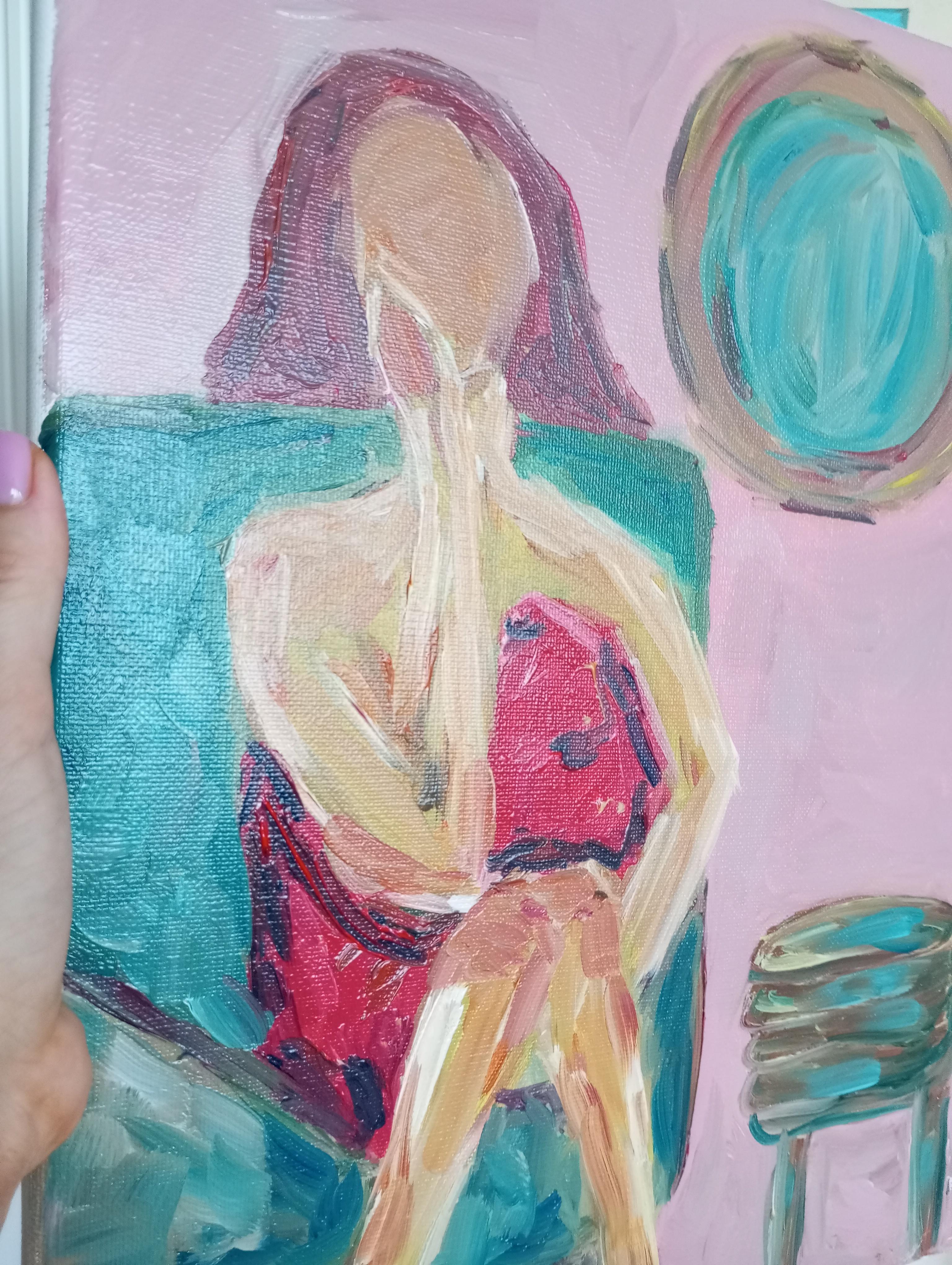 Óleo expresivo impresionista contemporáneo de mujer sobre lienzo de lino en venta 4