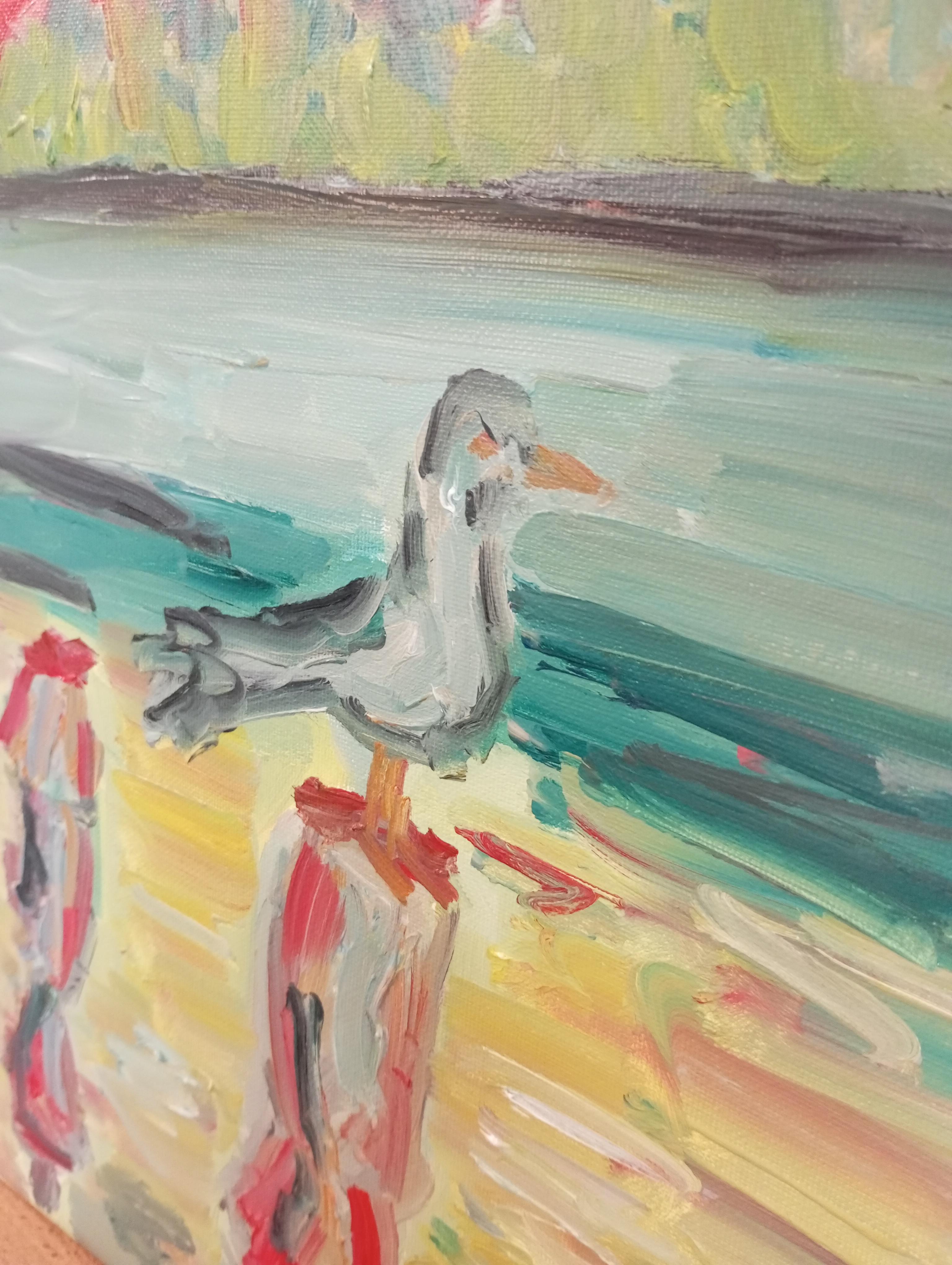 Contemporary impressionist art brut oil painting of sea and  birds on canvas For Sale 6