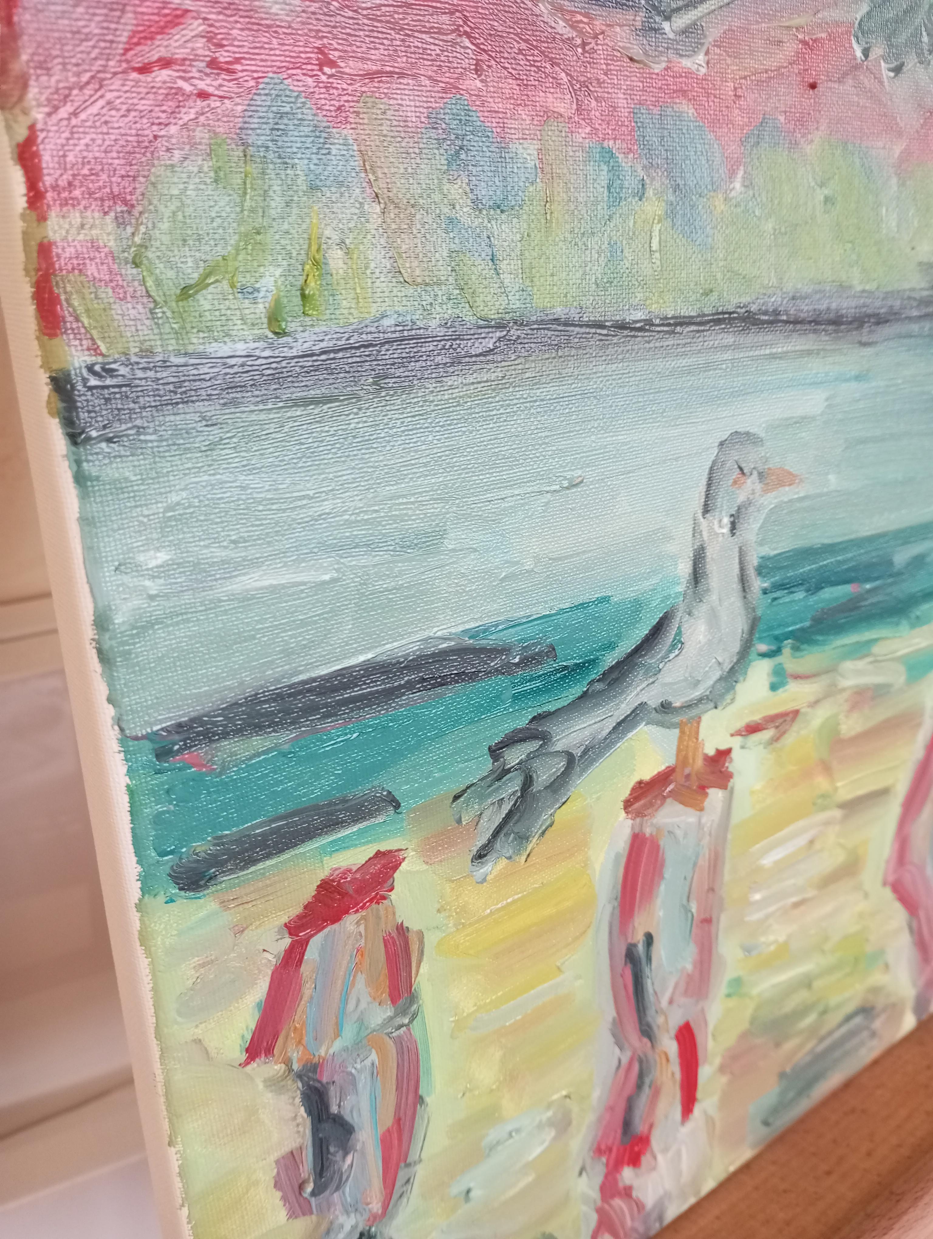 Contemporary impressionist art brut oil painting of sea and  birds on canvas For Sale 8