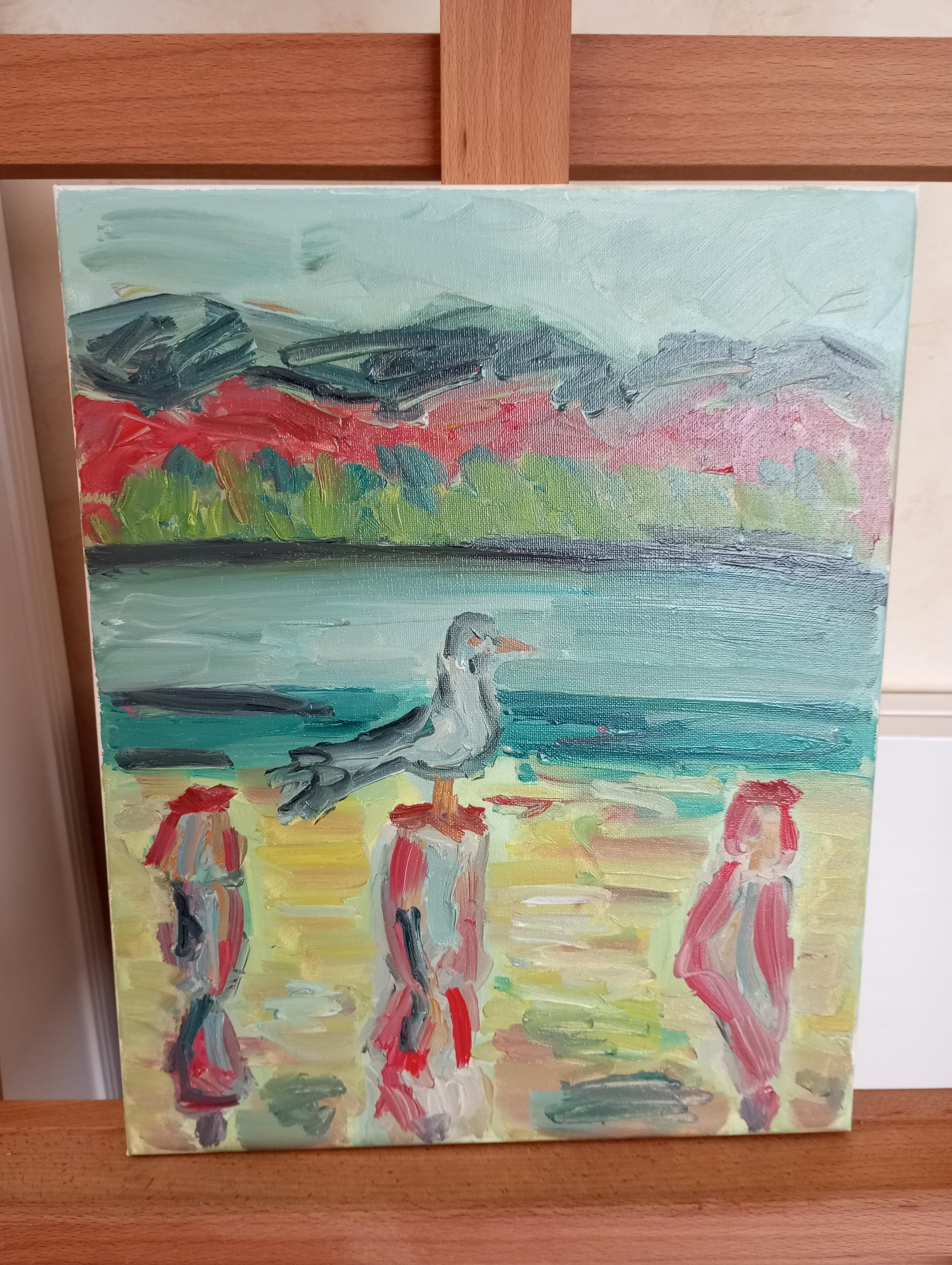Contemporary impressionist art brut oil painting of sea and  birds on canvas For Sale 9