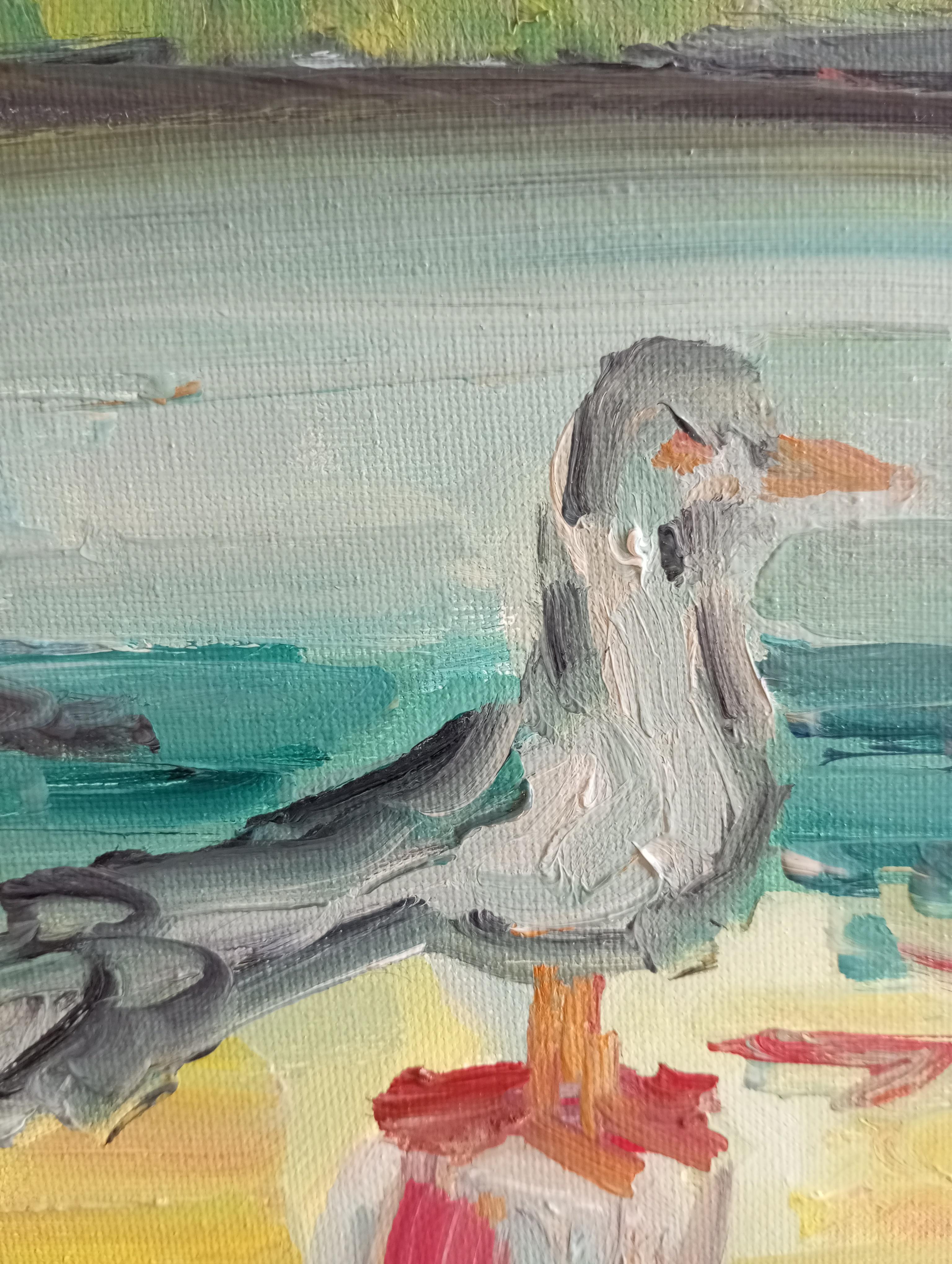 Contemporary impressionist art brut oil painting of sea and  birds on canvas For Sale 10