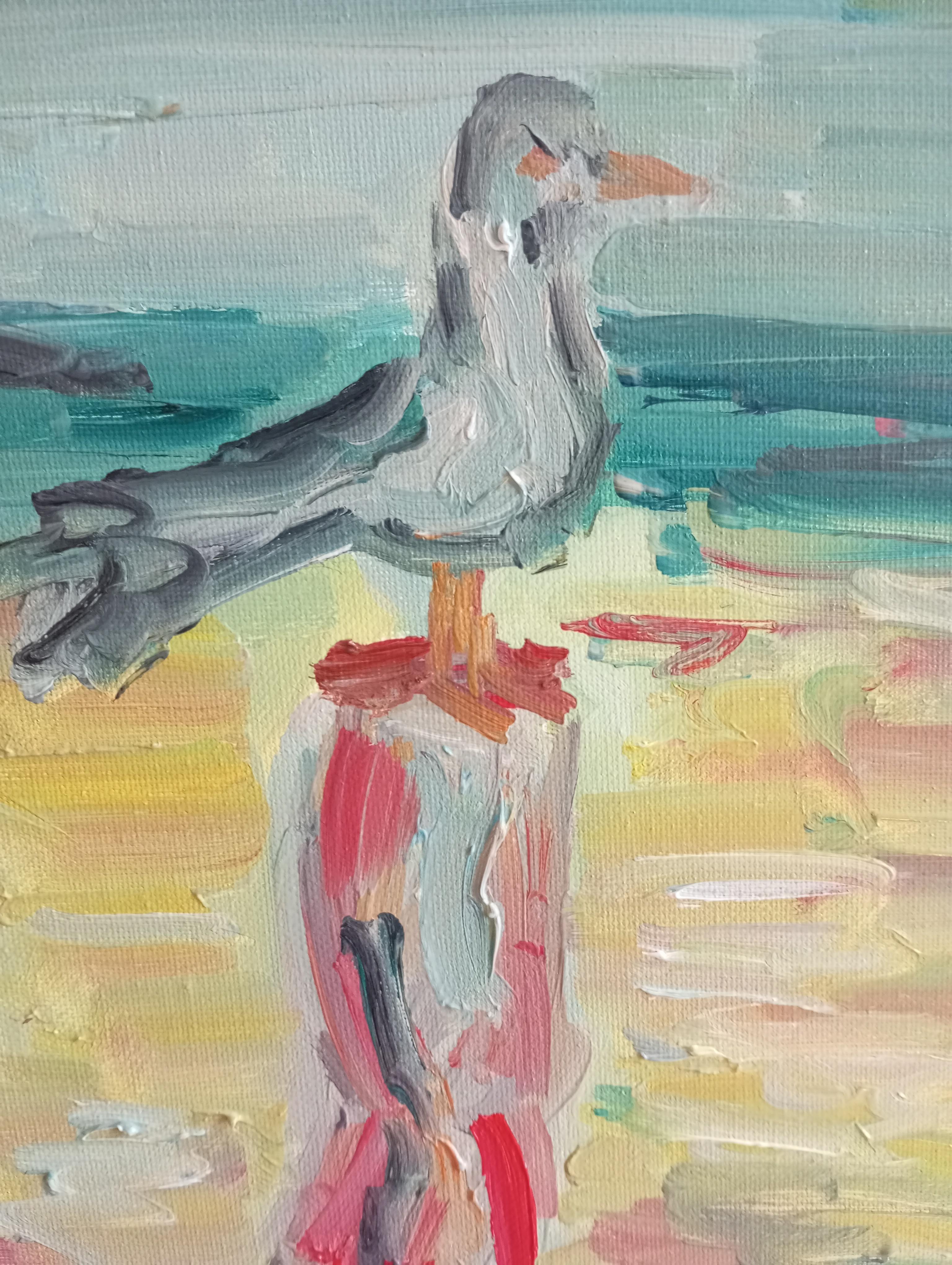 Contemporary impressionist art brut oil painting of sea and  birds on canvas For Sale 11