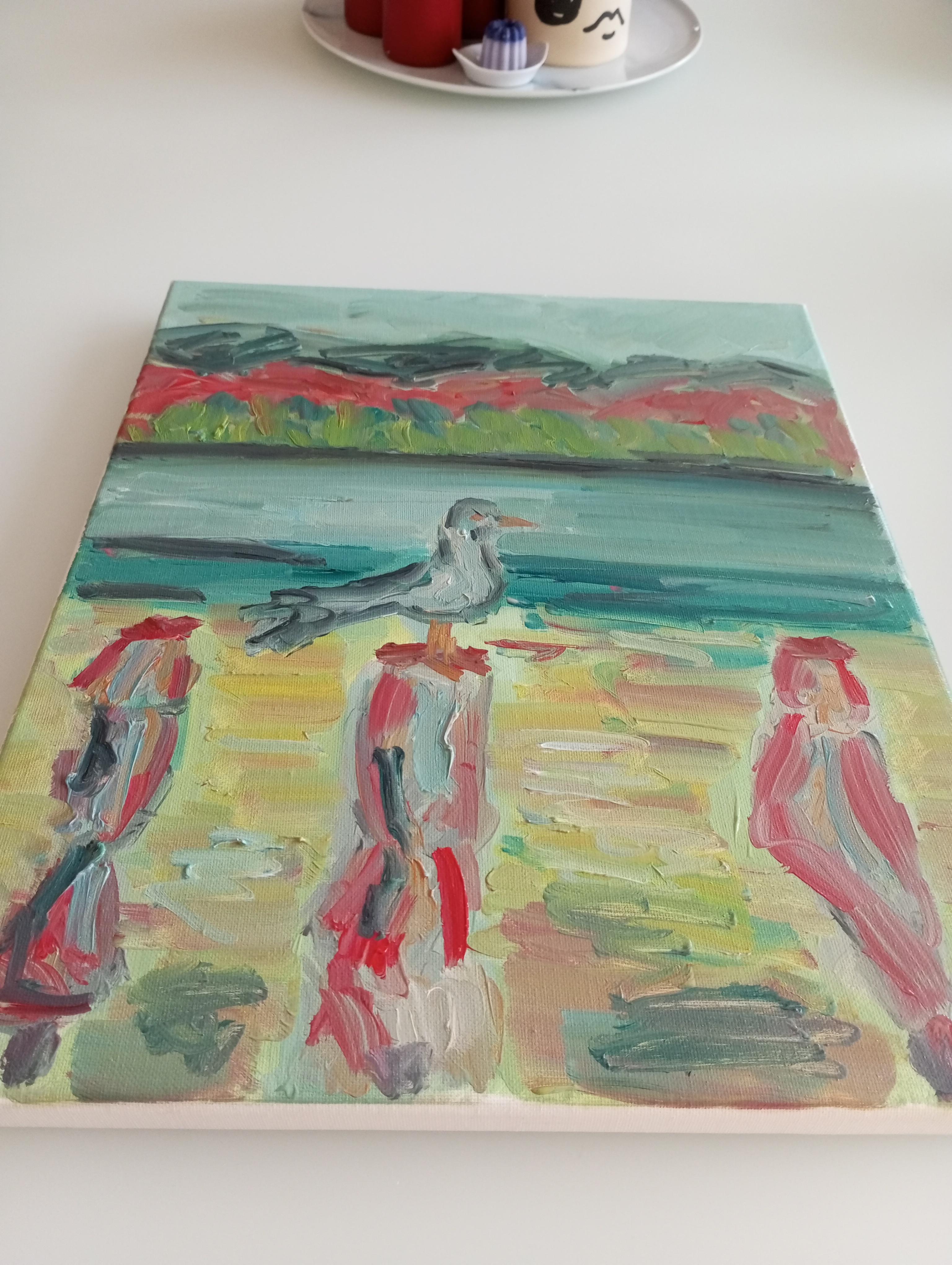 Contemporary impressionist art brut oil painting of sea and  birds on canvas For Sale 12