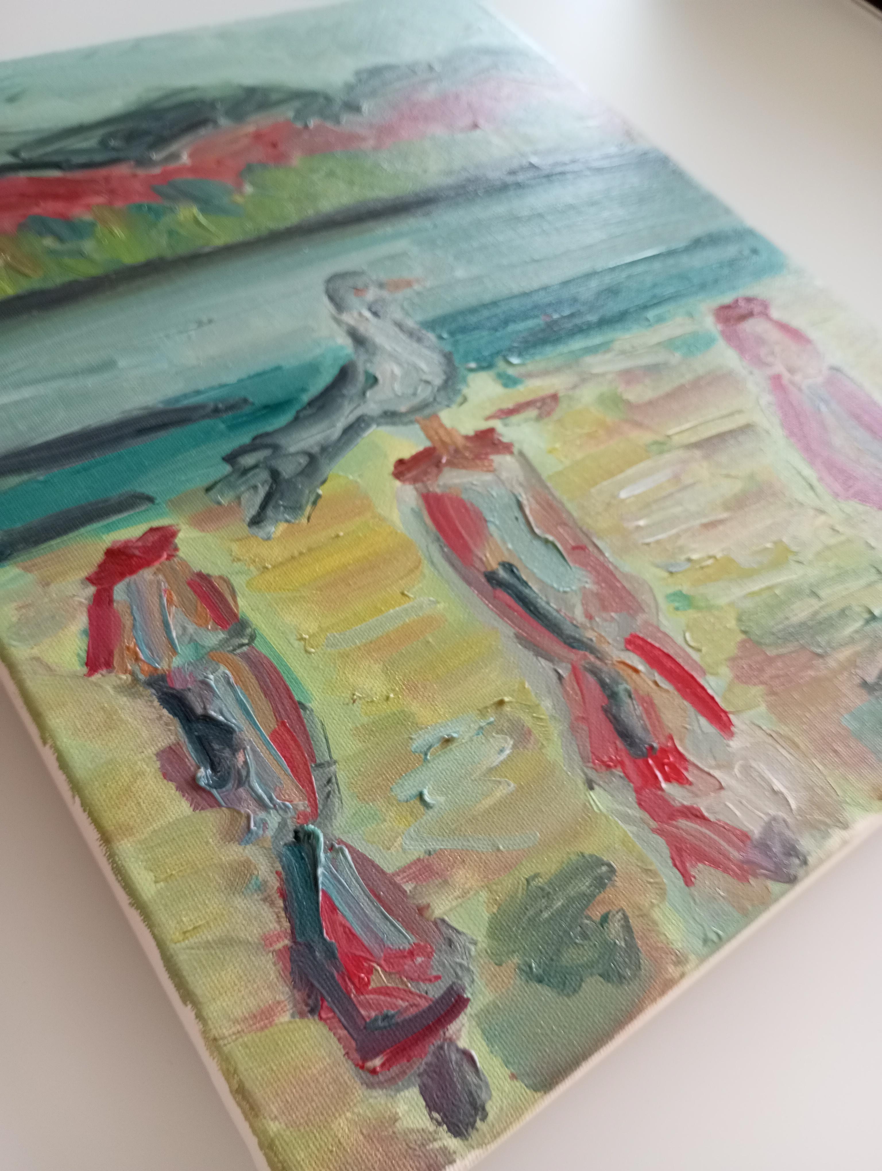 Contemporary impressionist art brut oil painting of sea and  birds on canvas For Sale 14