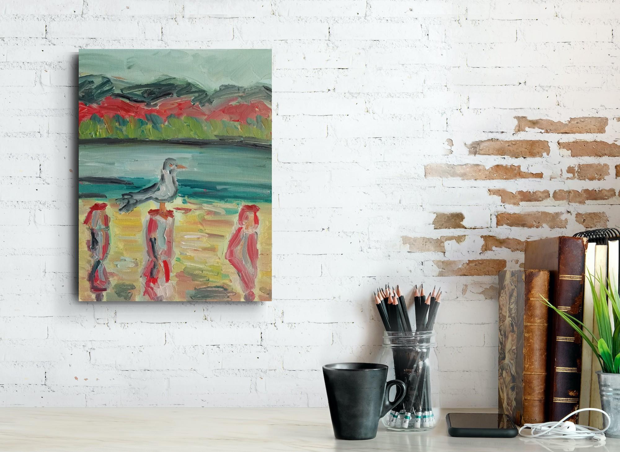 Contemporary impressionist art brut oil painting of sea and  birds on canvas - Gray Landscape Painting by Natalya Mougenot 