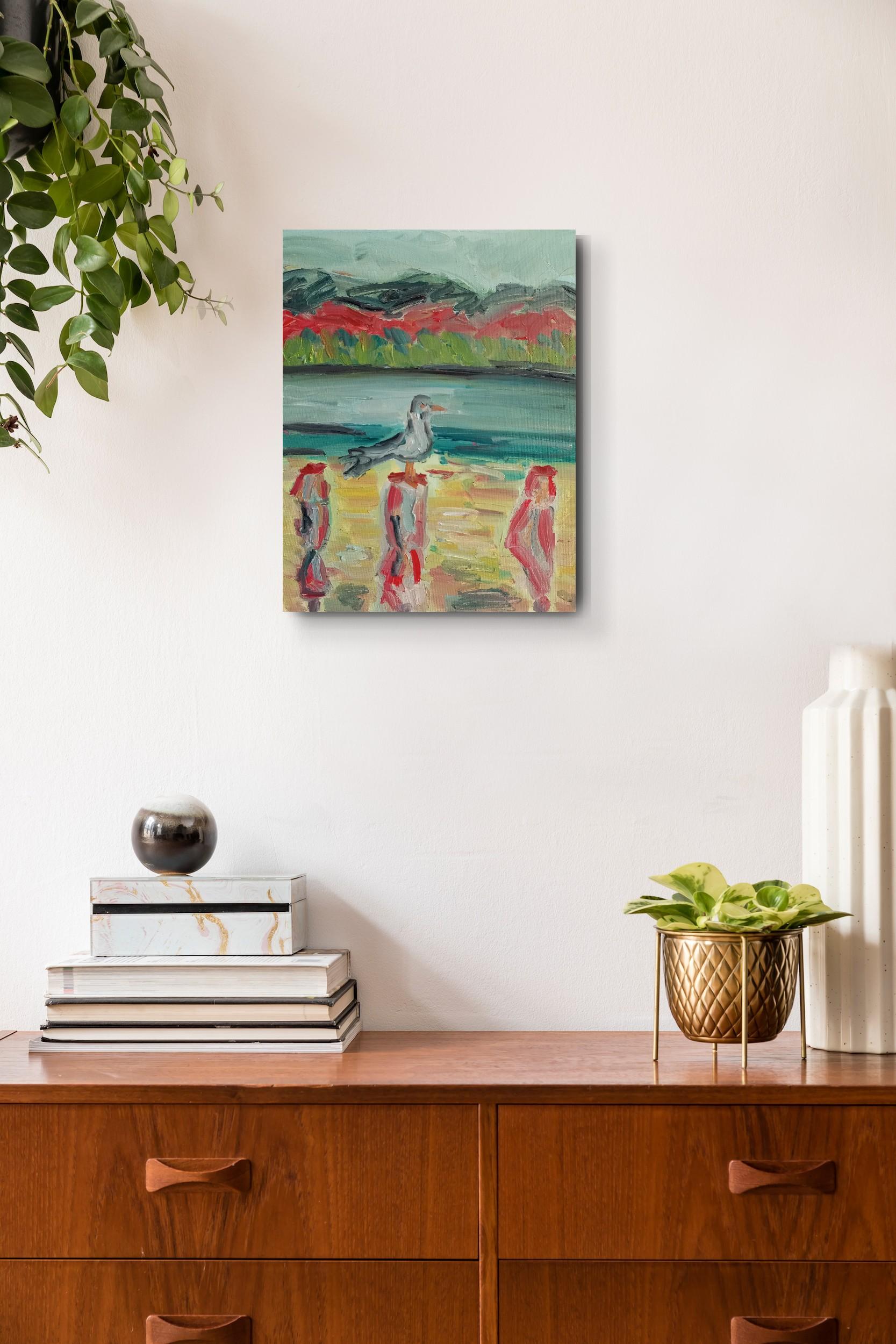 Contemporary impressionist art brut oil painting of sea and  birds on canvas For Sale 2