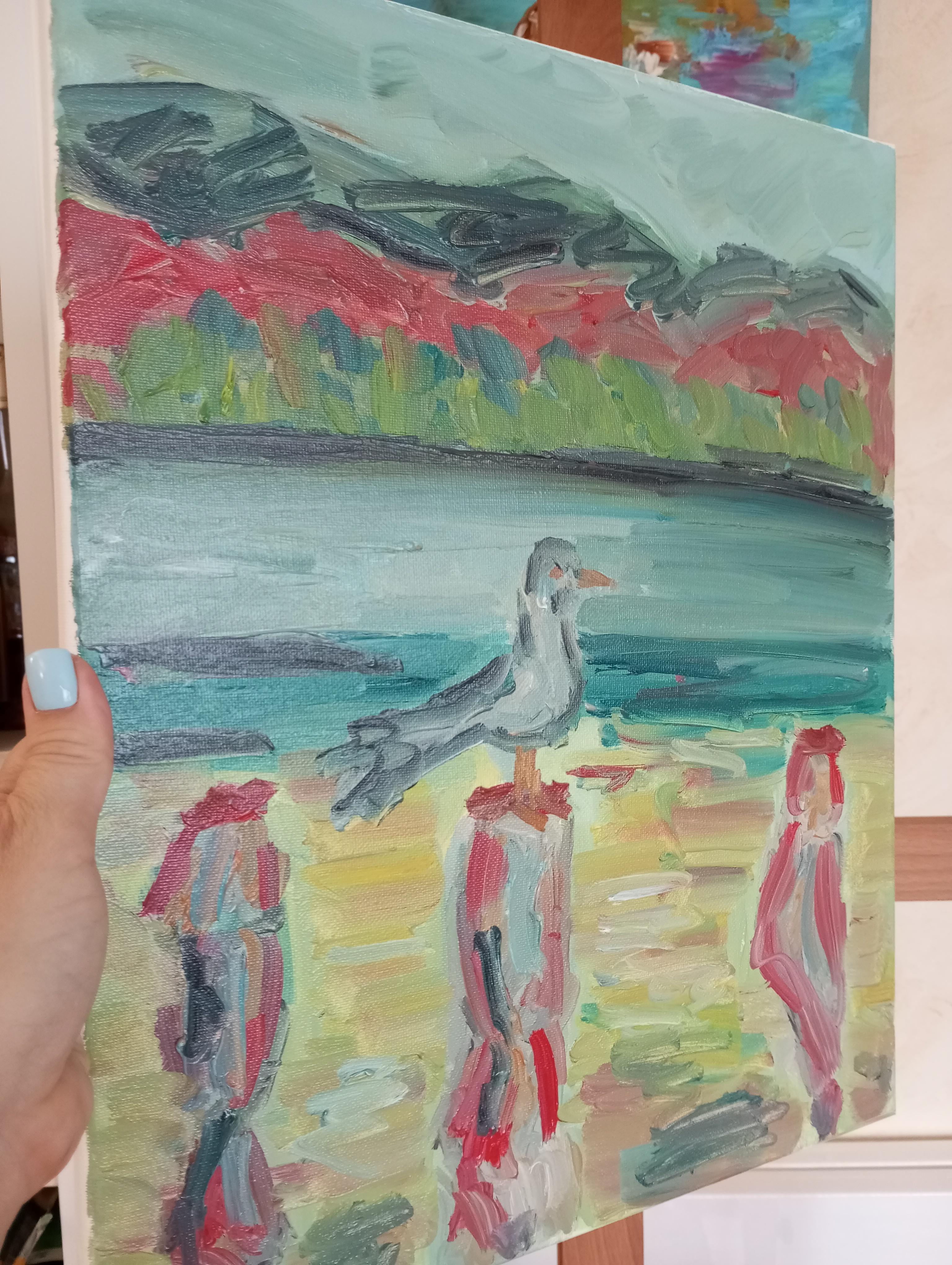 Contemporary impressionist art brut oil painting of sea and  birds on canvas For Sale 5